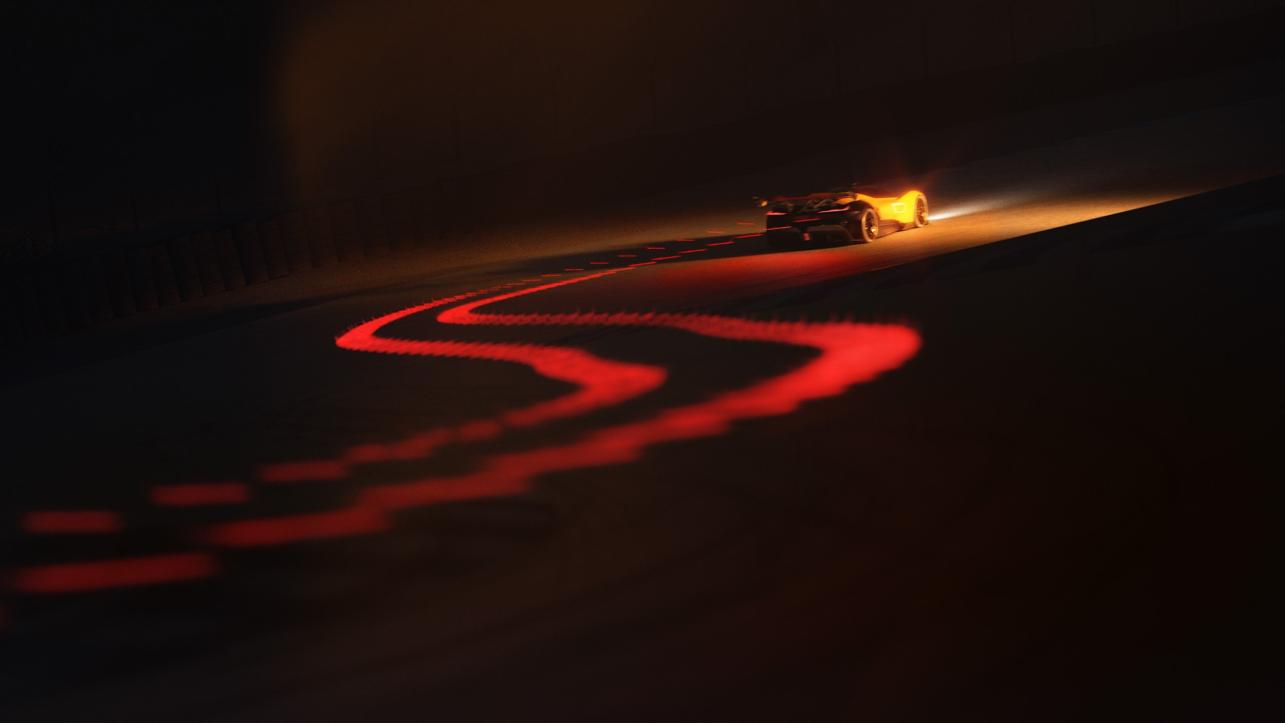 Sleek concept supercar in motion, advanced CGI visualization showing a car on recetrack in the dark with red light trails behind