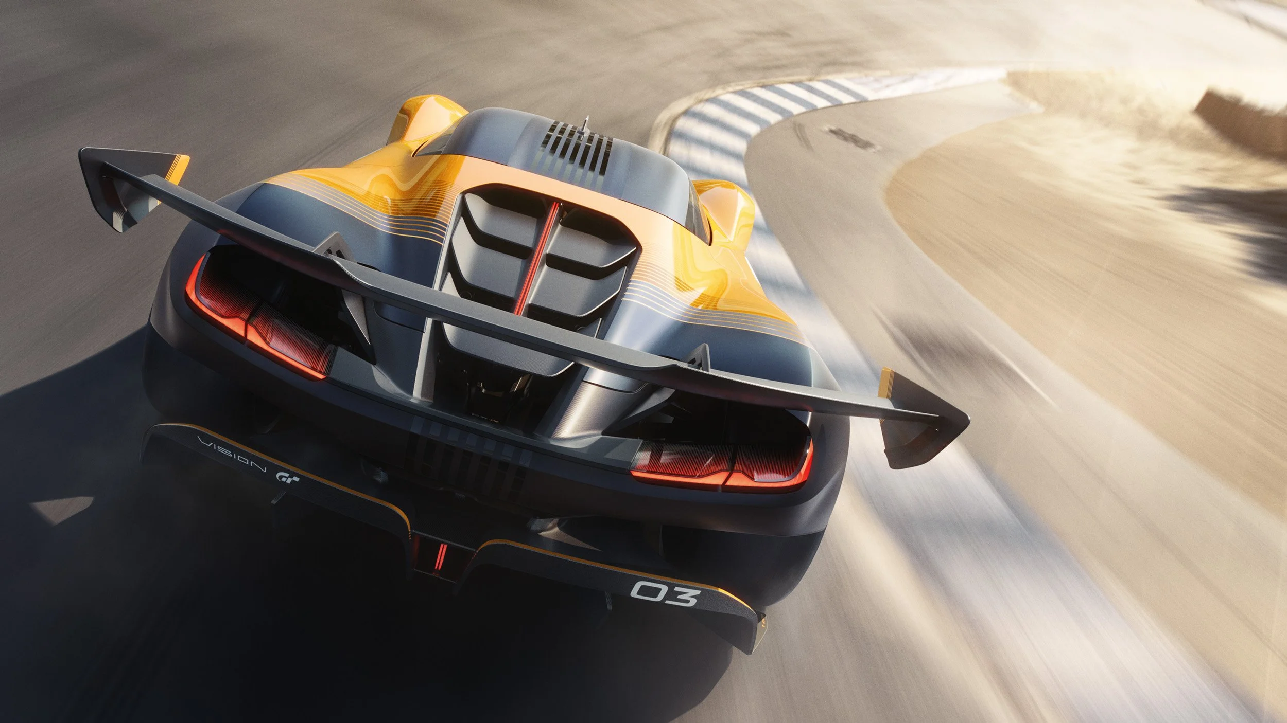 High-end 3D render of a yellow concept car on track