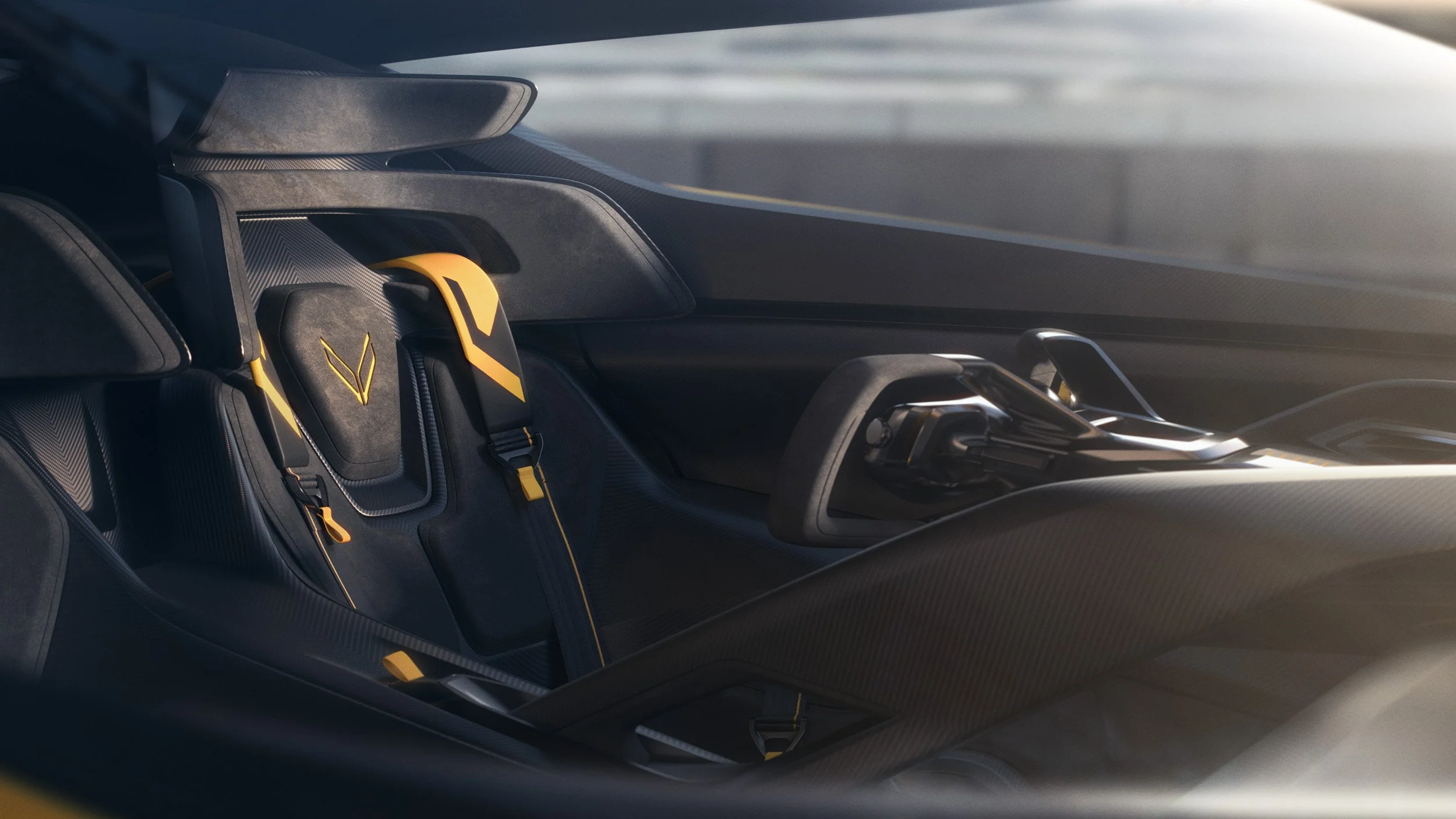 Photorealictic interior CGI rendering of Corvette CXR driver's seat showcasing high-eng postproduction and retouching.