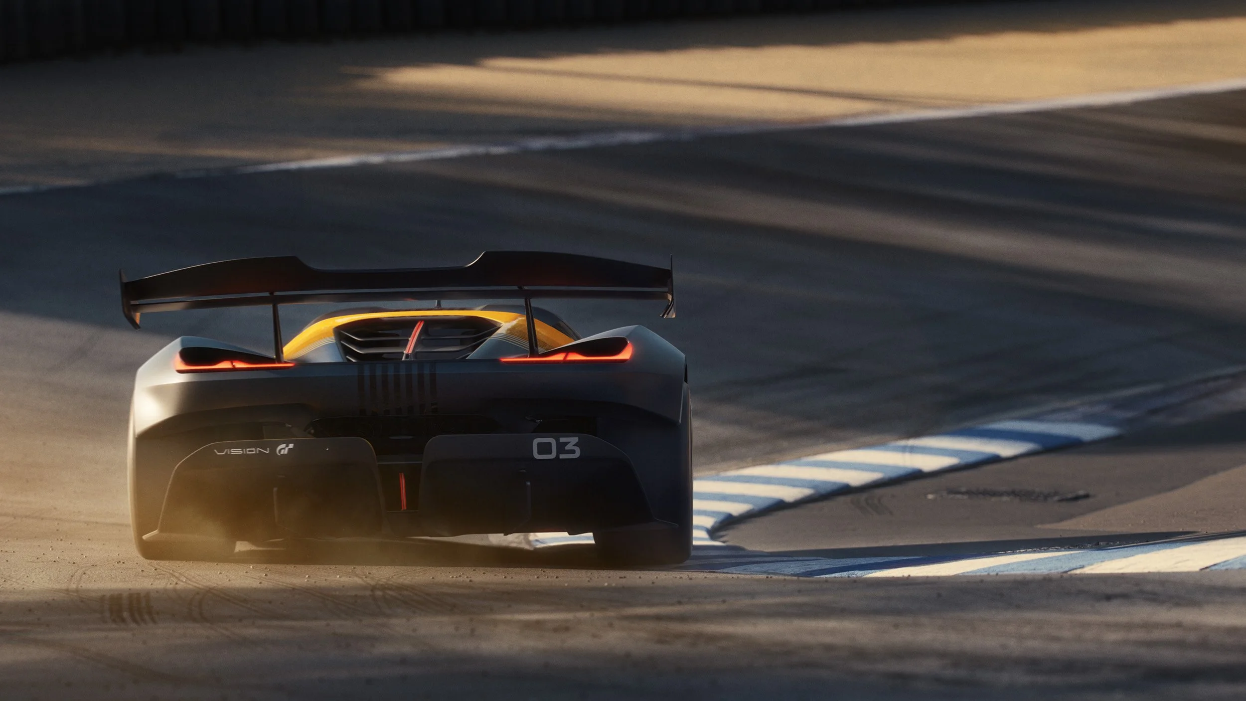 Rear angle of Corvette CXR on race track at dusk
