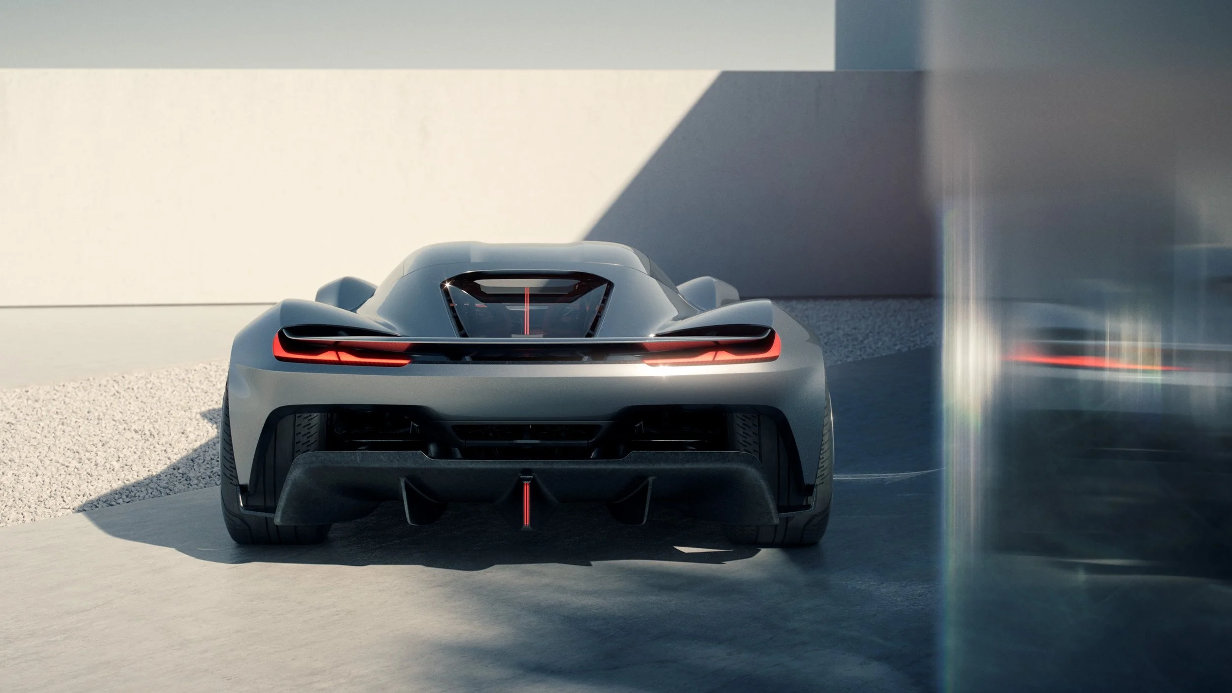 Photoreal automotive CGI render of a futuristic supercar with cinematic lighting, showcasing high-end 3D visualization, compositing, and retouching.
