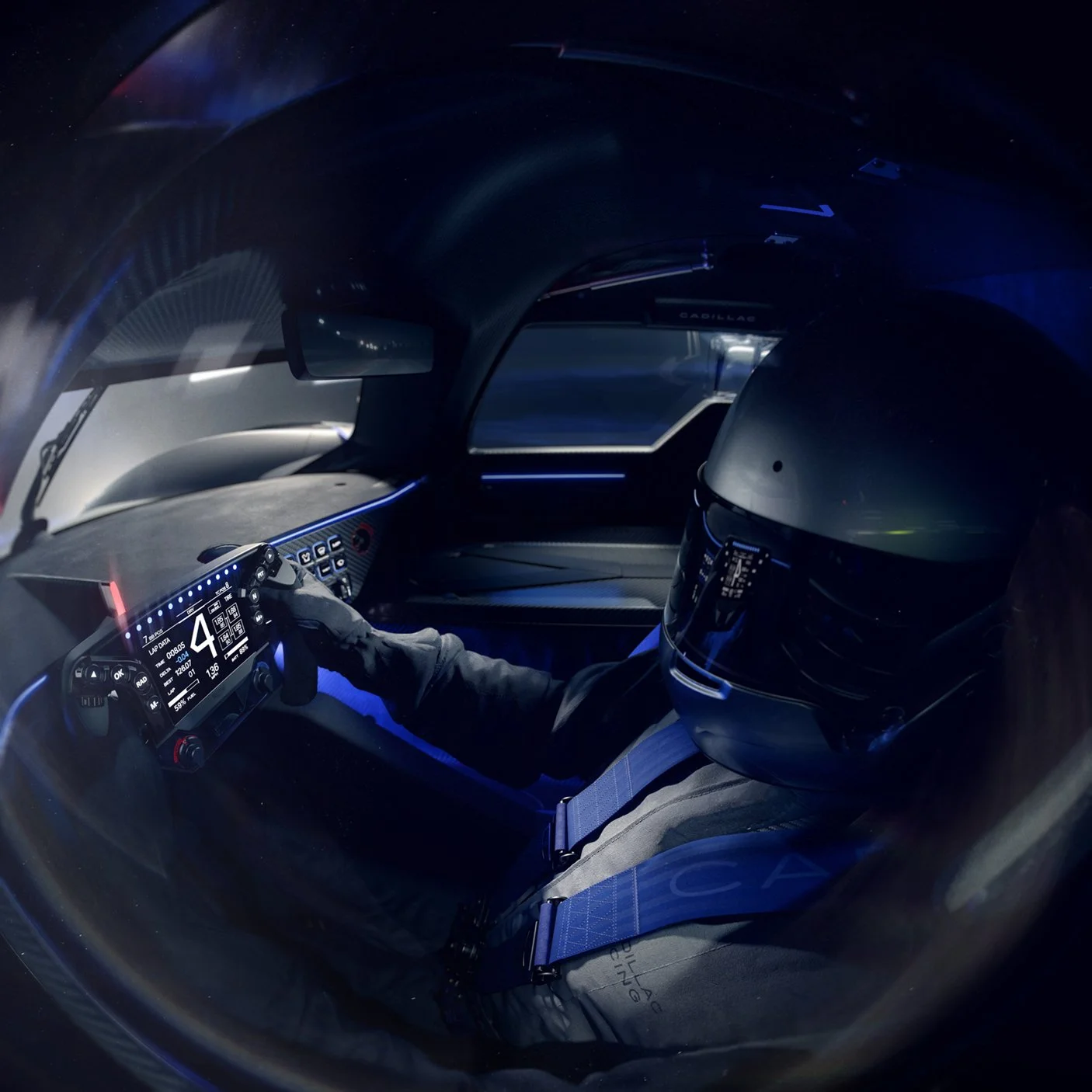 Fisheye lens interior shot Photorealistic CGI render of a silver and blue Cadillac V-Series.R race car on a race track at night.