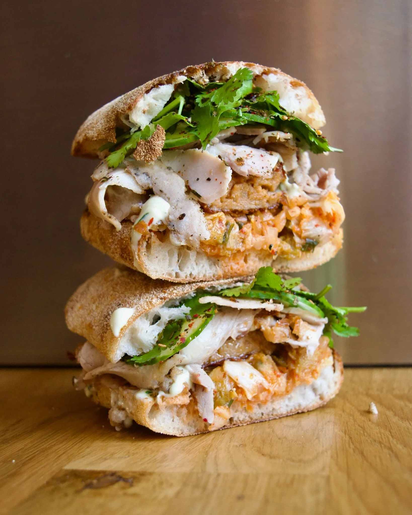 The Korean Porker.

New special. On until gone.

Crispy fried Korean pork p&acirc;t&eacute; and sausage stuffed pork belly.
House kimchi, garlic mayo, cucumber, coriander, toasted nori, and sesame salt.

Rich, crunchy, sharp, fermented. Proper balanc