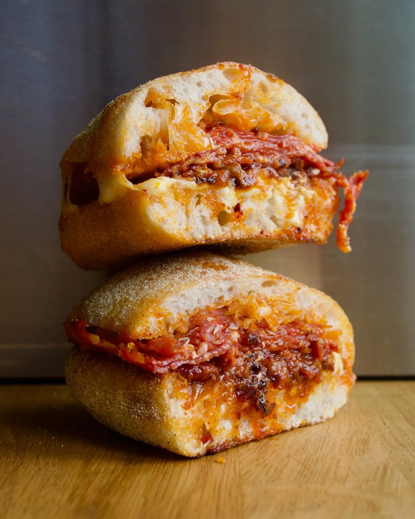 EL DIABLO

The special that no one asked for or voted for. 
But we&rsquo;ve been eating it for staff food for so long it felt rude not to share it.

80g of spicy ventricina salami, mozzarella, roasted tomato sauce, and Sichuan chilli crack. 
A slight