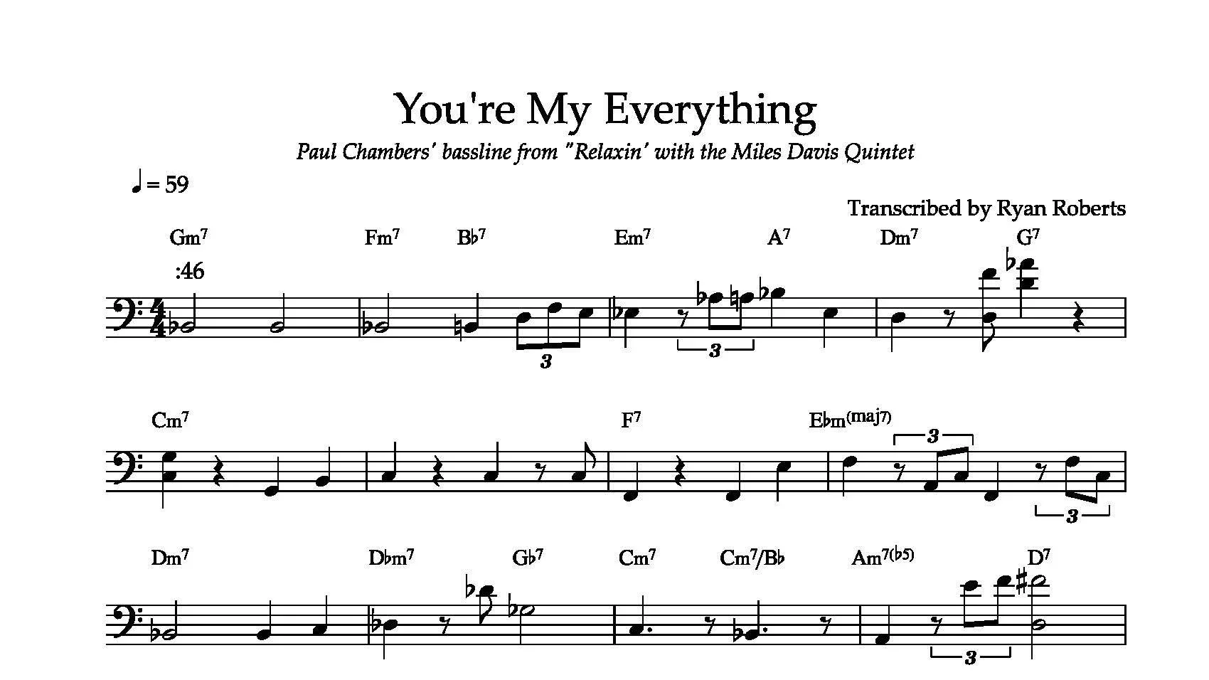 Sheet music titled "You're My Everything" with musical notation and chords, transcribed by Ryan Roberts, based on Paul Chambers' bassline from "Relaxin'" with the Miles Davis Quintet.