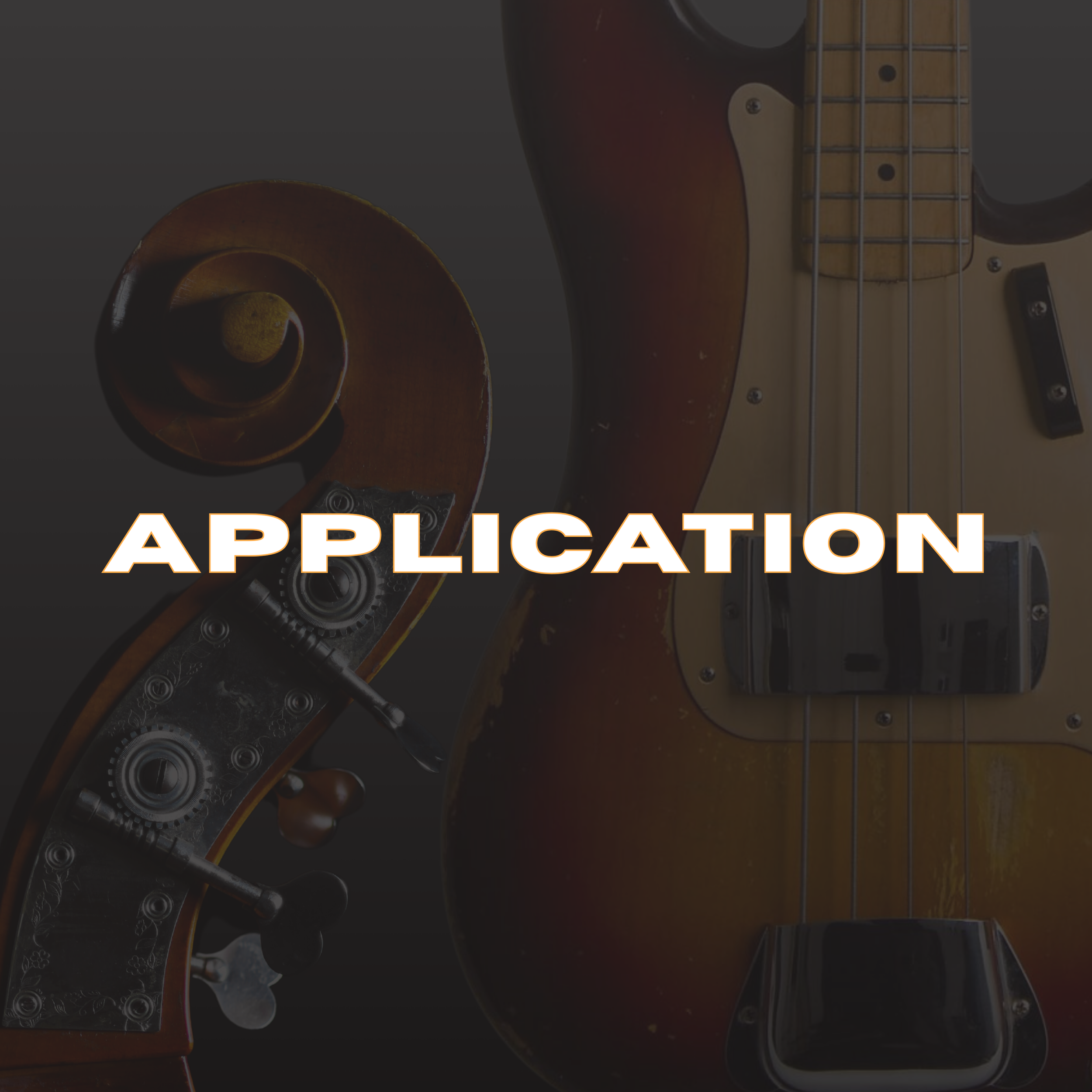 Close-up of a violin scroll and a guitar with the word 'APPLICATION' overlayed in the center.