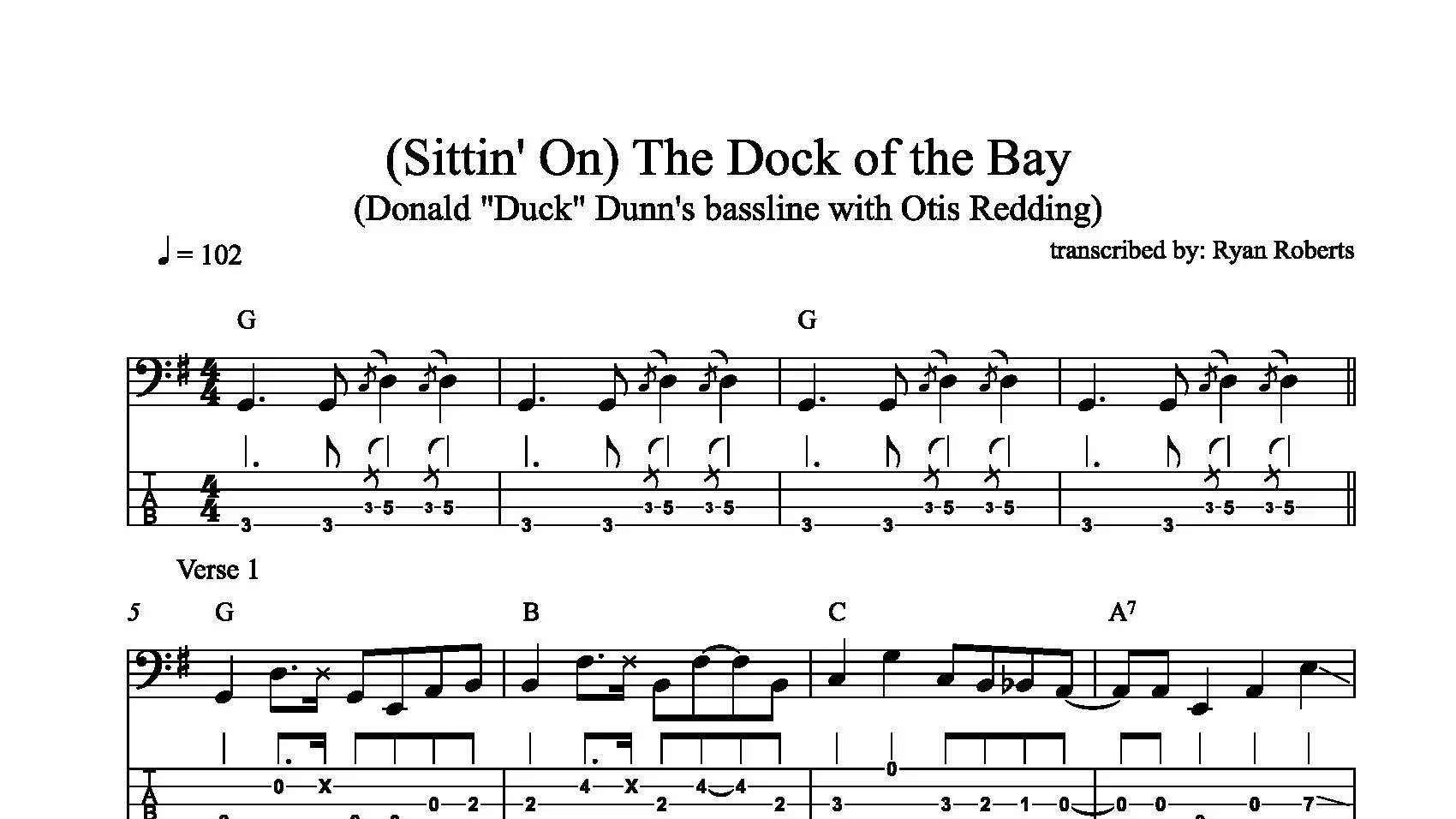Sheet music titled Aretha Franklin's "Sittin' On The Dock of the Bay," with musical notation and guitar tabs, credited to Ryan Roberts, with lyrics by Otis Redding.