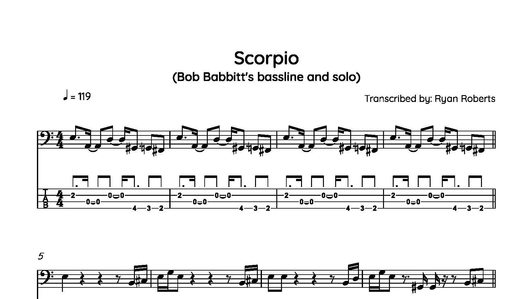 Sheet music for 'Scorpio,' a bassline and solo by Bob Babbitt, transcribed by Ryan Roberts, with musical notes and tablature for guitar.