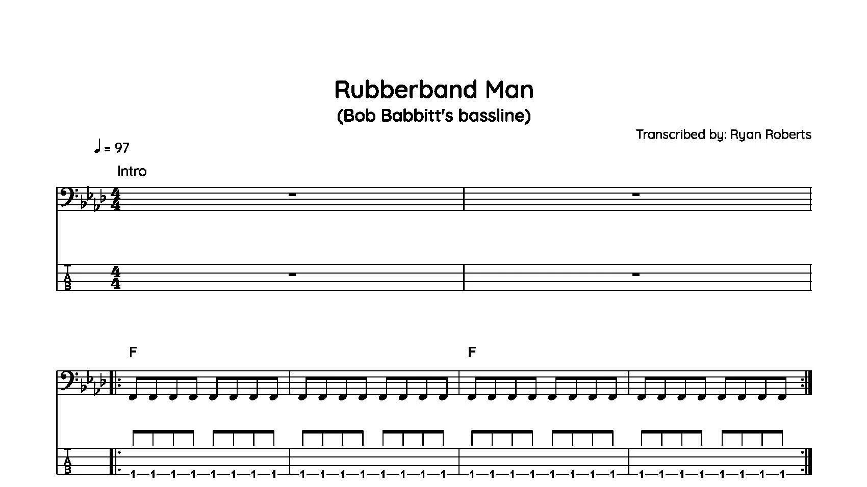 Sheet music titled 'Rubberband Man', Bob Babbitt's bassline, transcribed by Ryan Roberts, with guitar tab and notation, written in the key of B-flat minor.