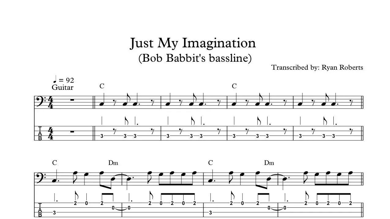 Music sheet for the song "Just My Imagination" by Bob Babbitt, transcribed by Ryan Roberts, featuring guitar and bass parts with musical notes, chords, and rhythmic markings.