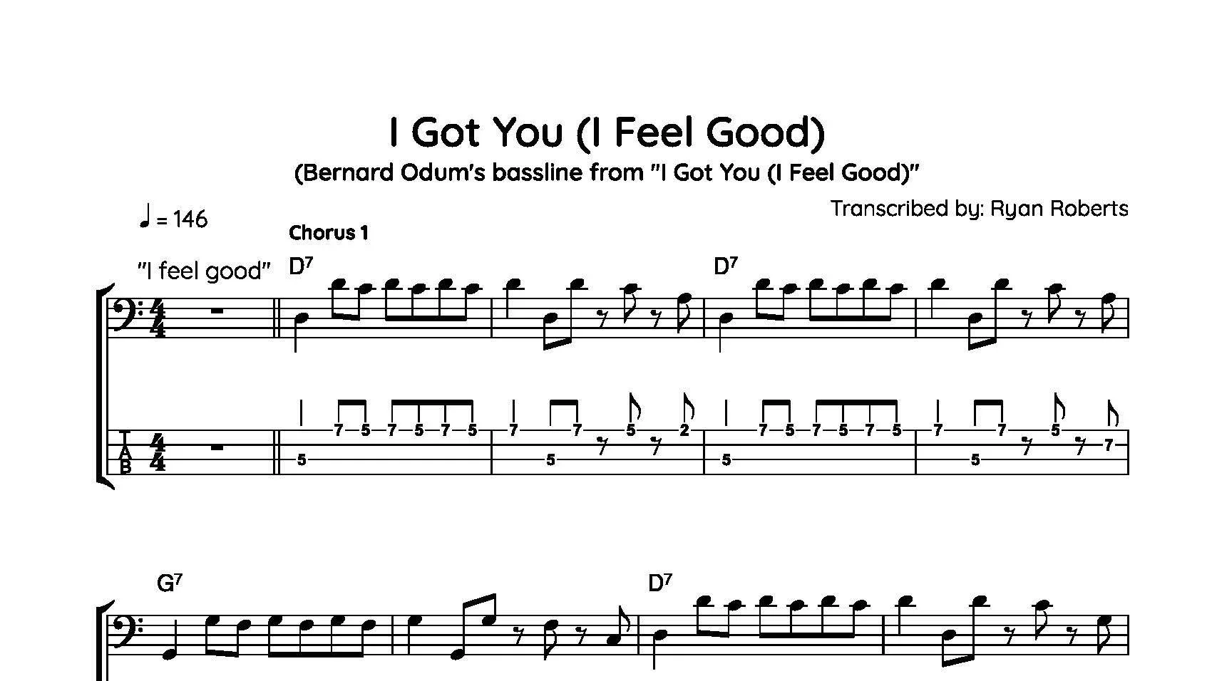 Sheet music titled "I Got You (I Feel Good)" by Bernard Odum, transcribed by Ryan Roberts, showing musical notation and lyrics.