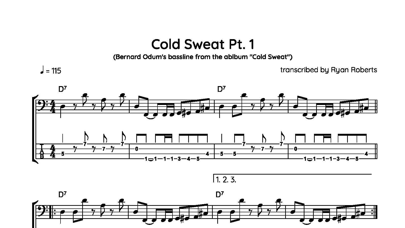 Sheet music for a guitar titled 'Cold Sweat Pt. 1' from the album 'Cold Sweat,' transcribed by Ryan Roberts.