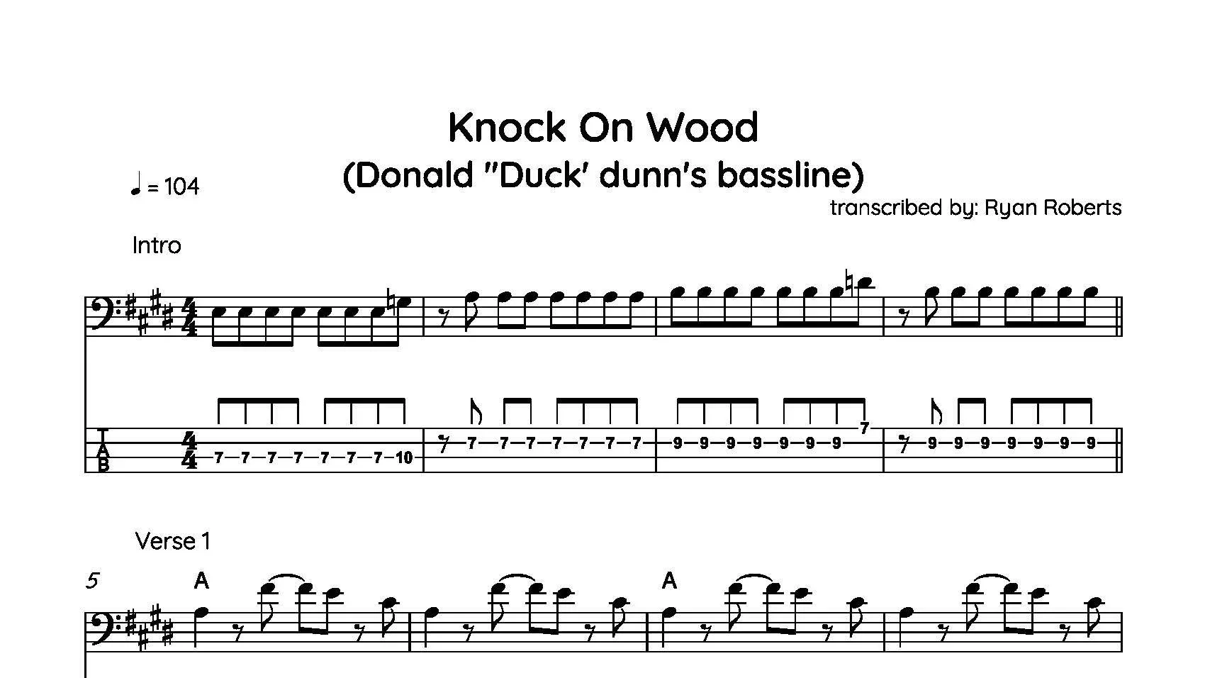 Sheet music for the song "Knock On Wood," with guitar tablature and notation, attributed to Donald "Duck" Dunn, transcribed by Ryan Roberts.