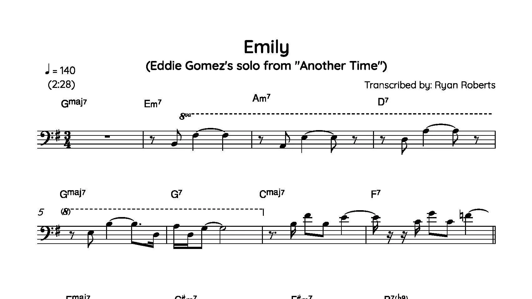 Sheet of music titled "Emily" by Eddie Gomez, with guitar chords and musical notation, transcribed by Ryan Roberts.