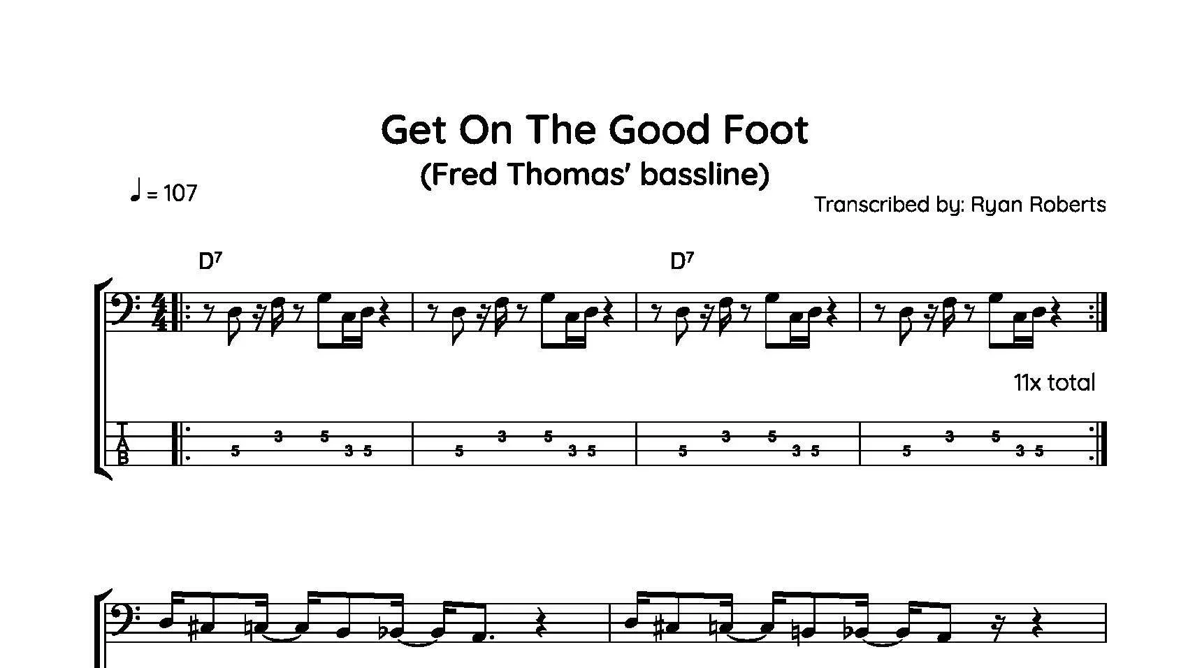 Music sheet titled 'Get On The Good Foot' by Fred Thomas, transcribed by Ryan Roberts, showing guitar tablature and musical notation for piano.