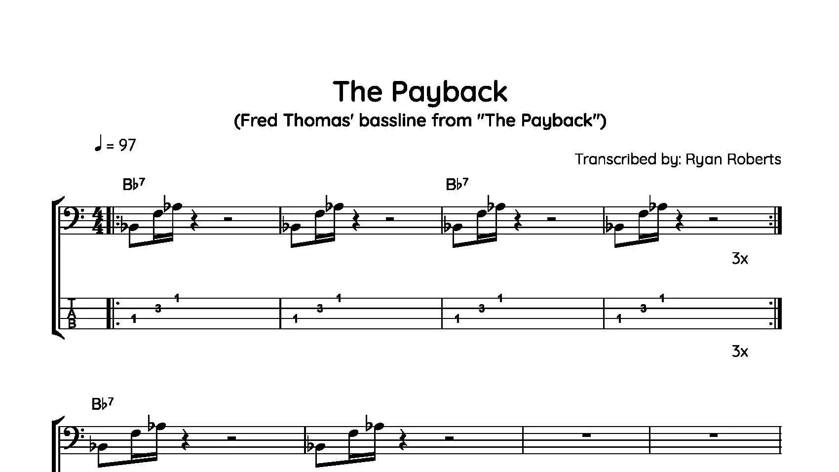 Sheet music titled 'The Payback' by Fred Thomas with bassline from 'The Payback' transcribed by Ryan Roberts, featuring musical notation and guitar tablature.