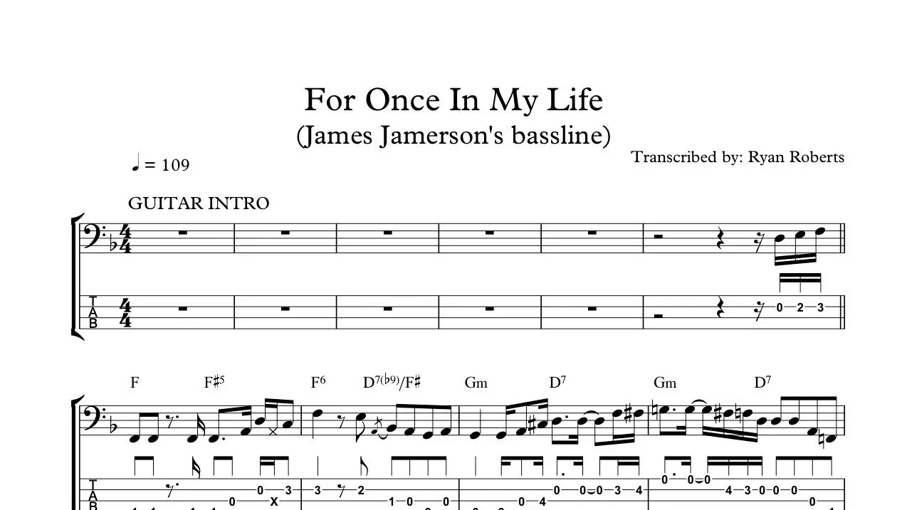 Sheet music for the song "For Once In My Life" by James Jamerson's Bassline, transcribed by Ryan Roberts, with guitar intro and musical notation.