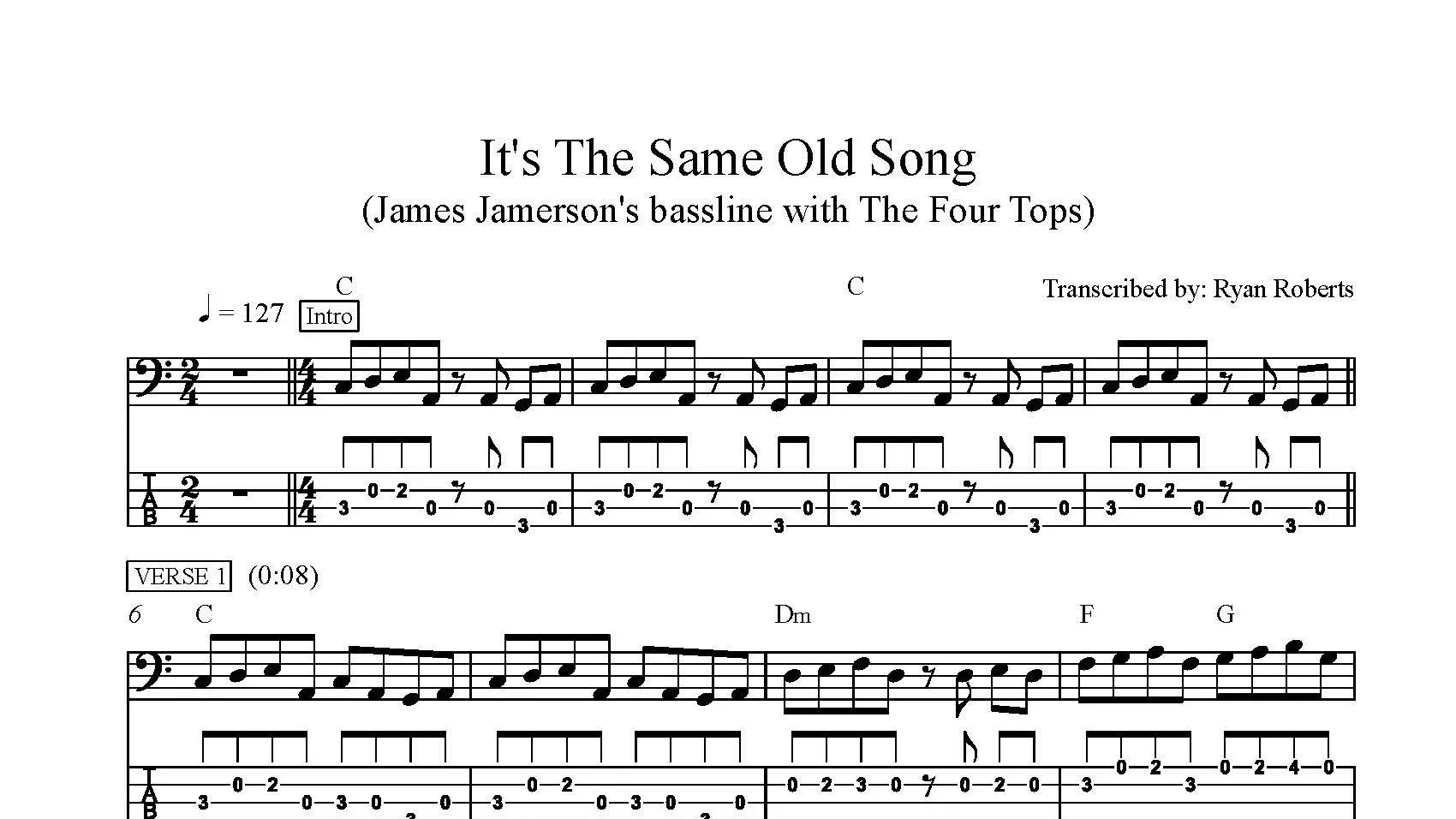 Music sheet titled "It's The Same Old Song" by James Jamerson with The Four Tops, transcribed by Ryan Roberts, featuring guitar tabs and notation.
