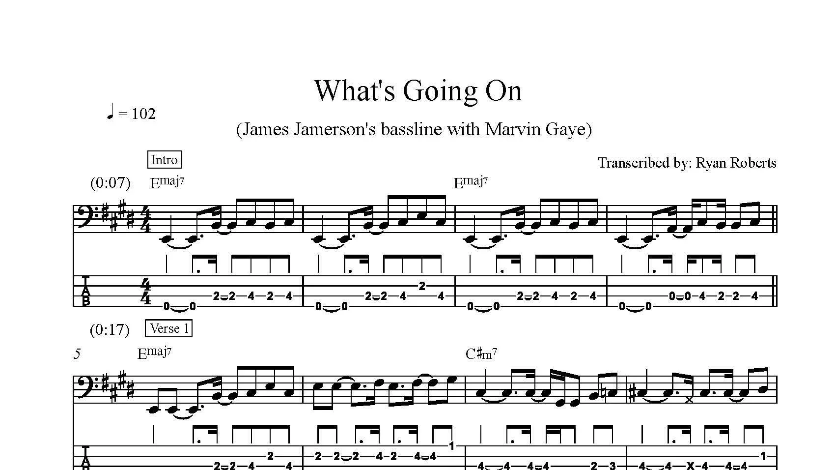 Sheet music for 'What's Going On' by Marvin Gaye, with guitar tablature and musical notation, transcribed by Ryan Roberts.