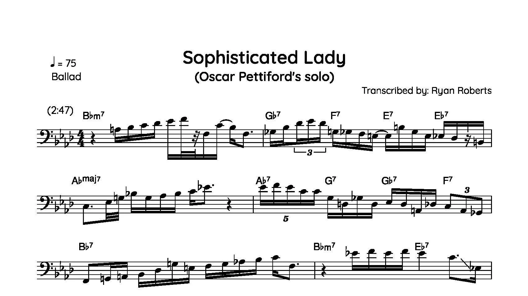 Sheet music titled 'Sophisticated Lady' by Oscar Pettiford, transcribed by Ryan Roberts, with musical notes and chords for a ballad performance.