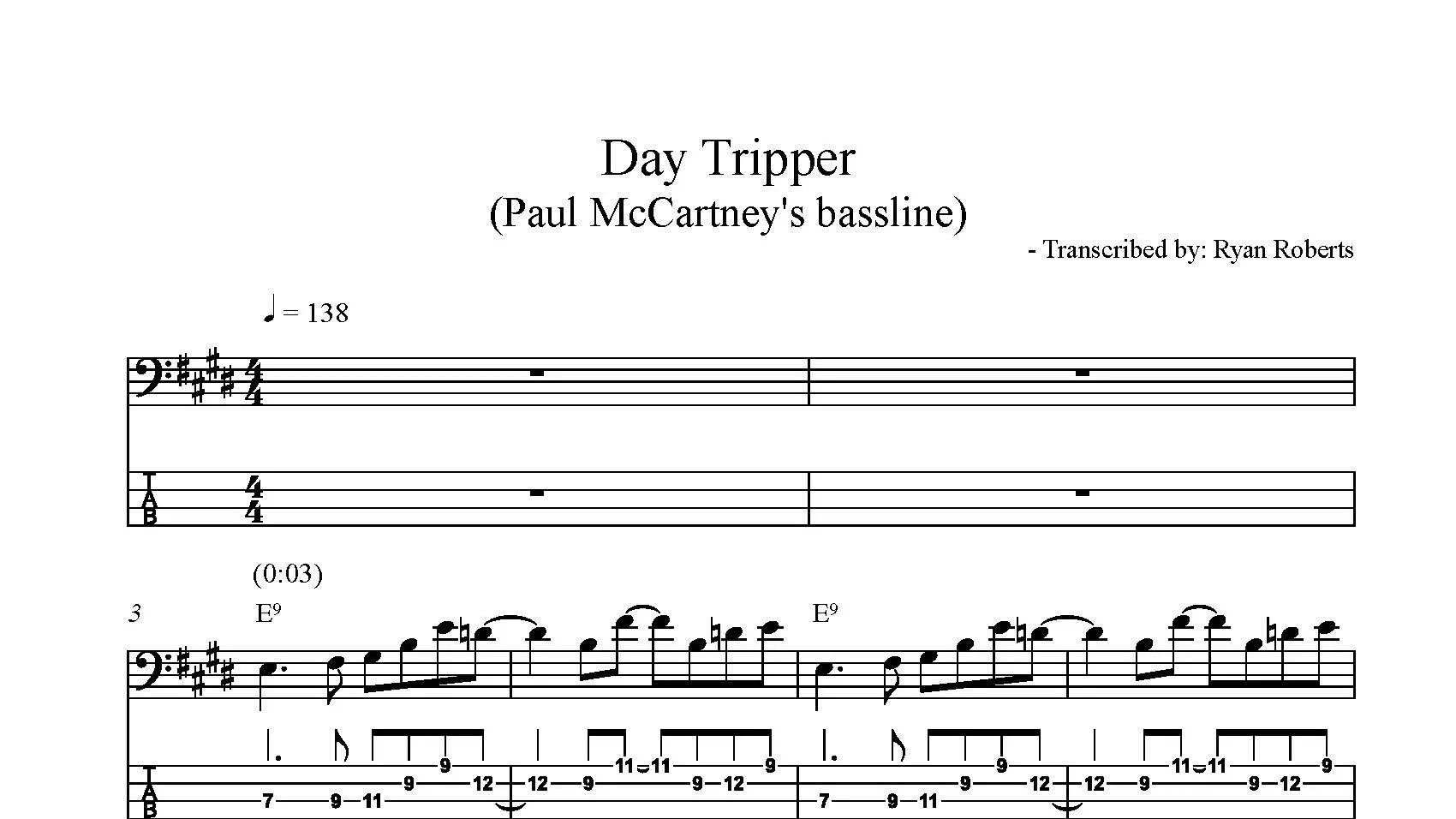 Music sheet titled 'Day Tripper' by Paul McCartney, transcribed by Ryan Roberts. Contains musical notation and tablature for guitar.