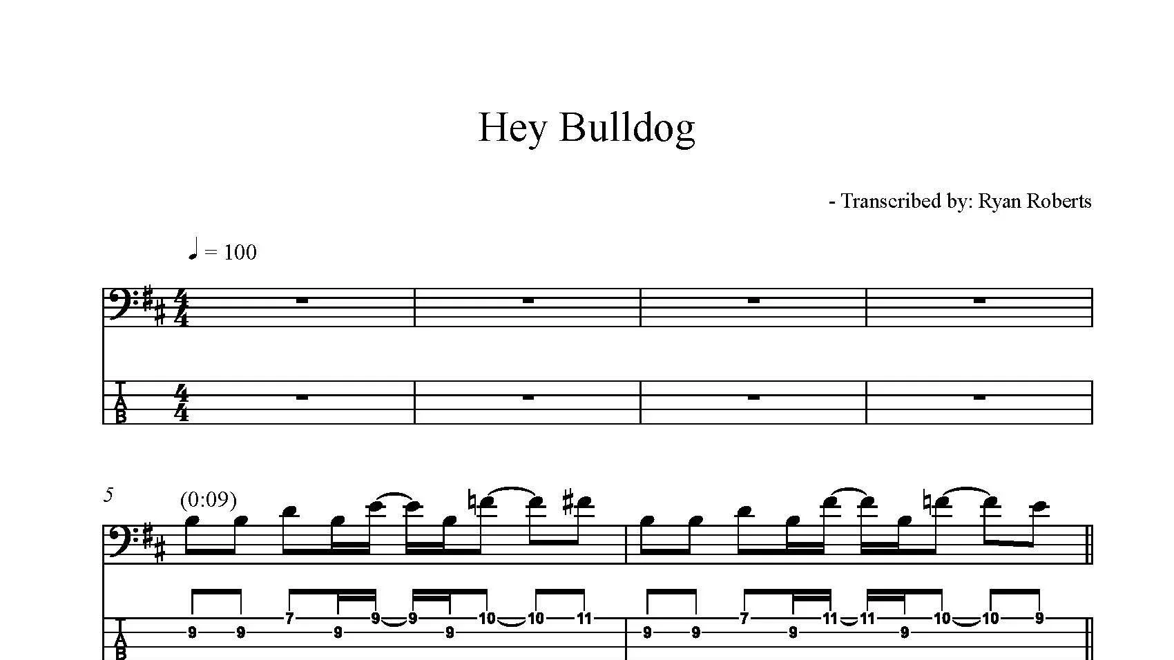 Sheet music titled 'Hey Bulldog' with guitar tablature and notation, transcribed by Ryan Roberts.