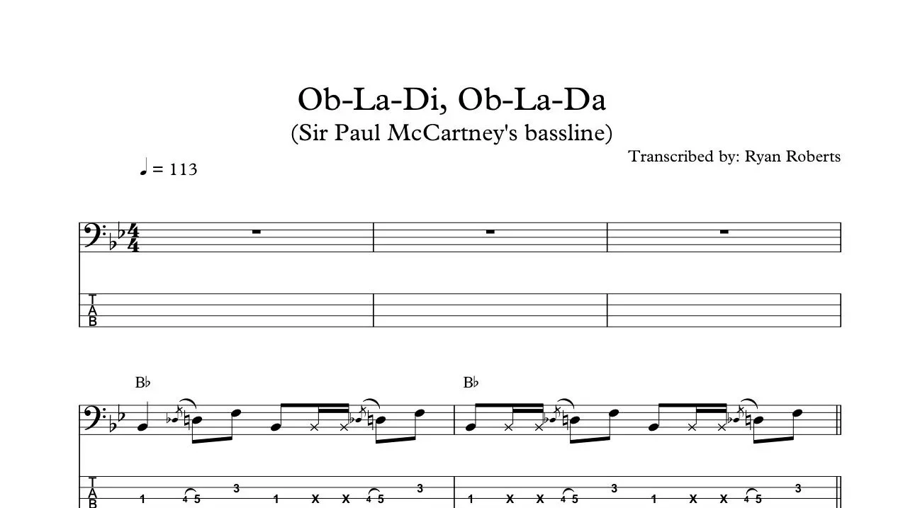 Sheet music titled "Ob-La-Di, Ob-La-Da" by Sir Paul McCartney, transcribed by Ryan Roberts, with musical notation and chords.