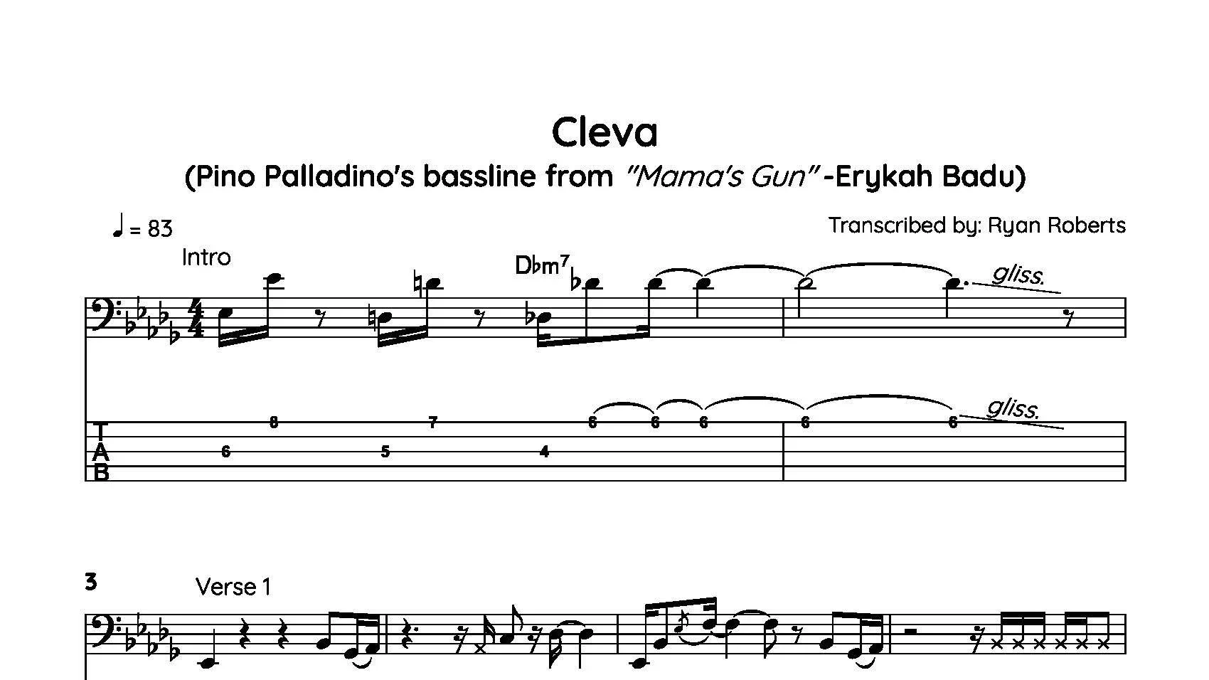 Sheet music titled "Cleva" by Pino Palladino from "Mama's Gun" by Erykah Badu, transcribed by Ryan Roberts, with musical notation, notes, chords, and annotations.