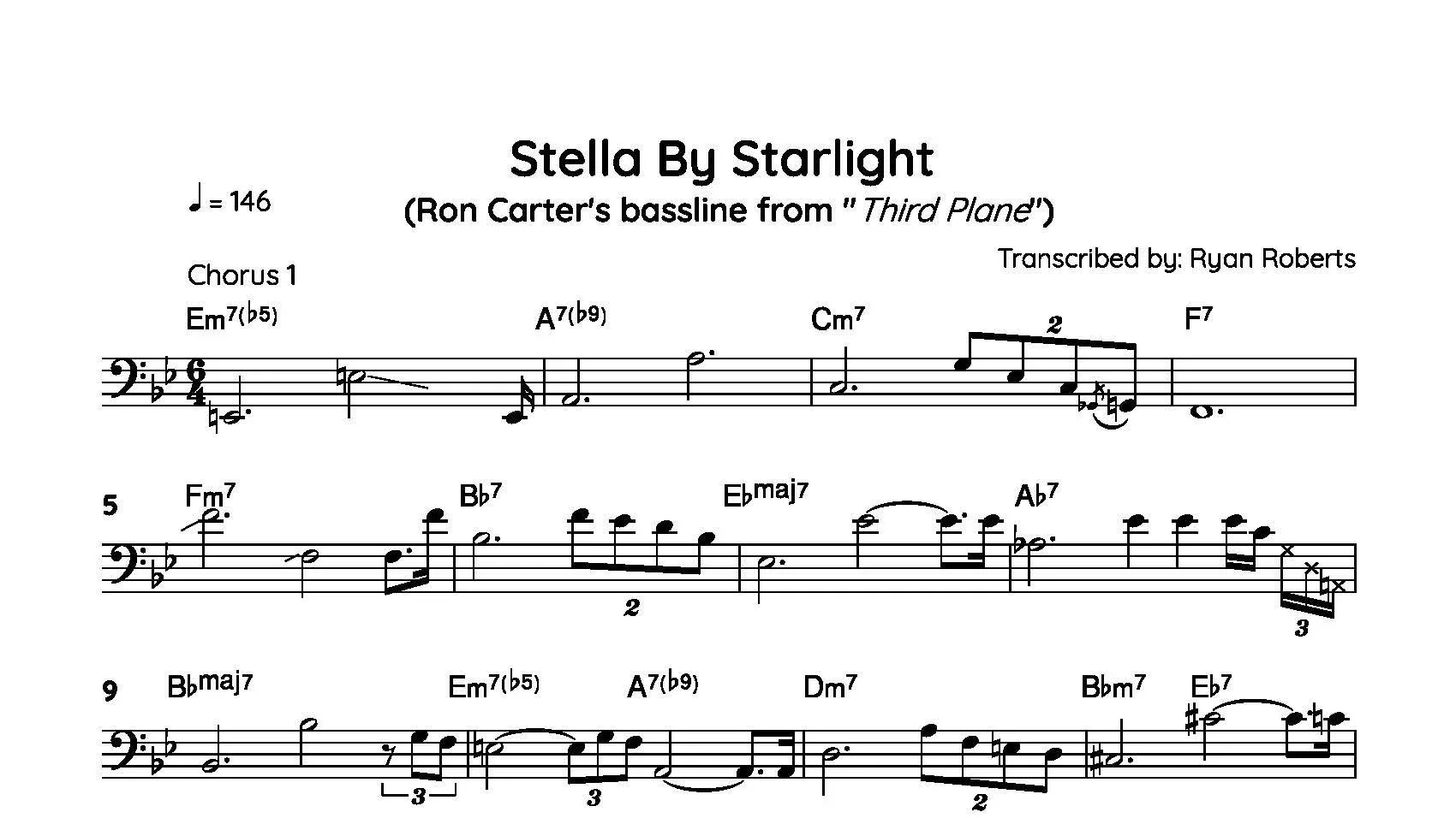 Music sheet titled 'Stella By Starlight' with notation and chords for jazz performance, transcription by Ryan Roberts.