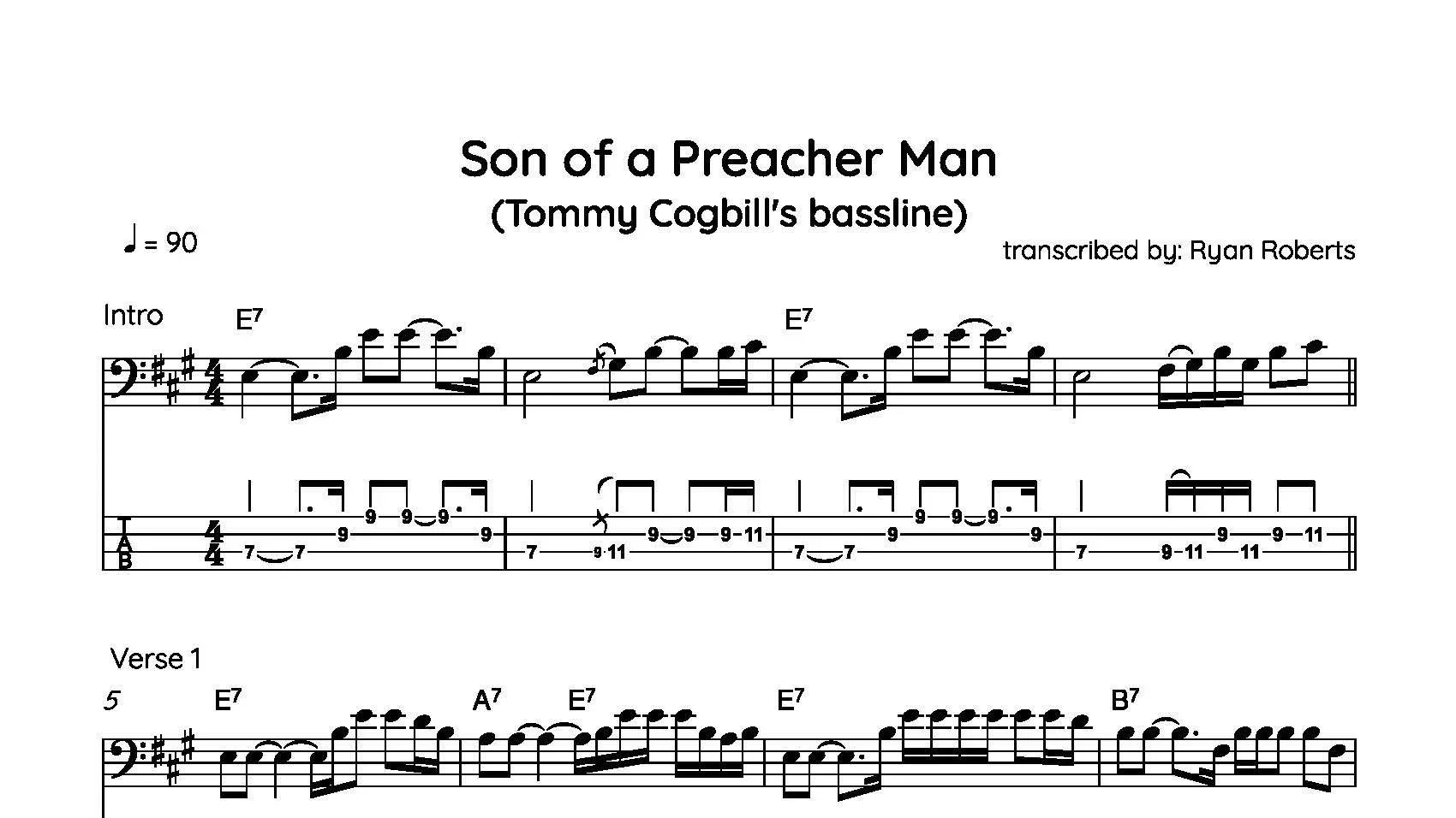 Sheet music titled 'Son of a Preacher Man,' transcribed by Ryan Roberts, featuring guitar tablature and musical notation for intro and verse 1, with chords E7, A7, and B7.