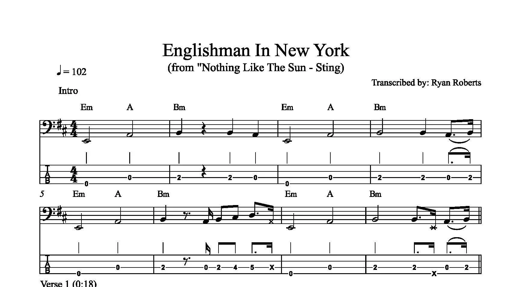 Sheet music titled "Englishman In New York" from Sting's album "Nothing Like The Sun," transcribed by Ryan Roberts, with musical notation including guitar tablature and chords, tempo marked at 102 beats per minute.