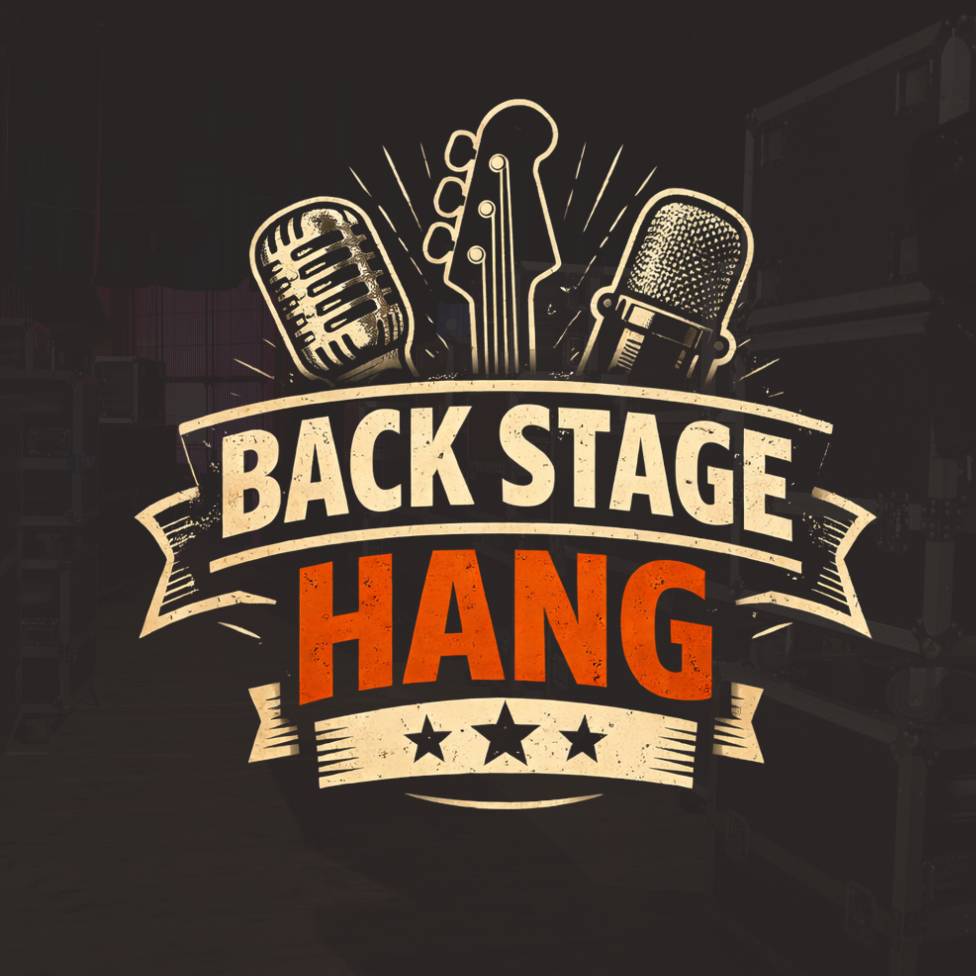 A graphic design with a vintage style featuring a microphone, a guitar, and another microphone above the text 'Back Stage Hang' with stars below.