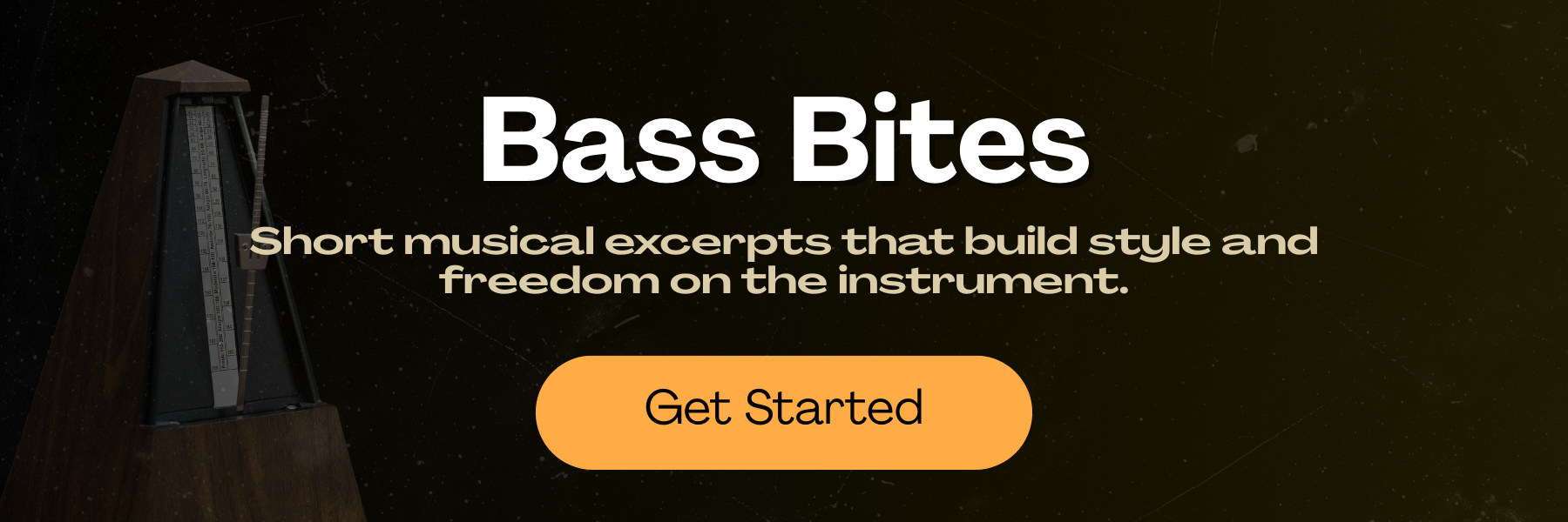 A metronome with a dark wooden base and black casing on the left side of the image. Overlaid text reads 'Bass Bites' in large white font, with a subtitle in beige saying 'Short musical excerpts that build style and freedom on the instrument.' Below t