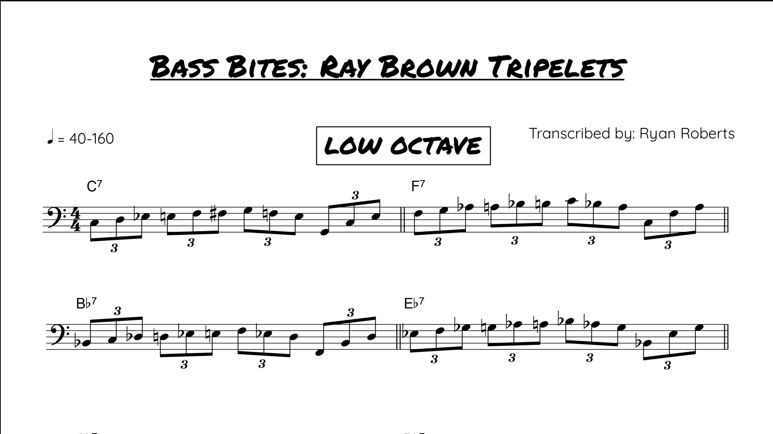 Sheet of music titled 'Bass Bites: Ray Brown Triplets' with a subtitle 'Low Octave,' featuring musical notes, chords, and annotations for bass guitar practice.