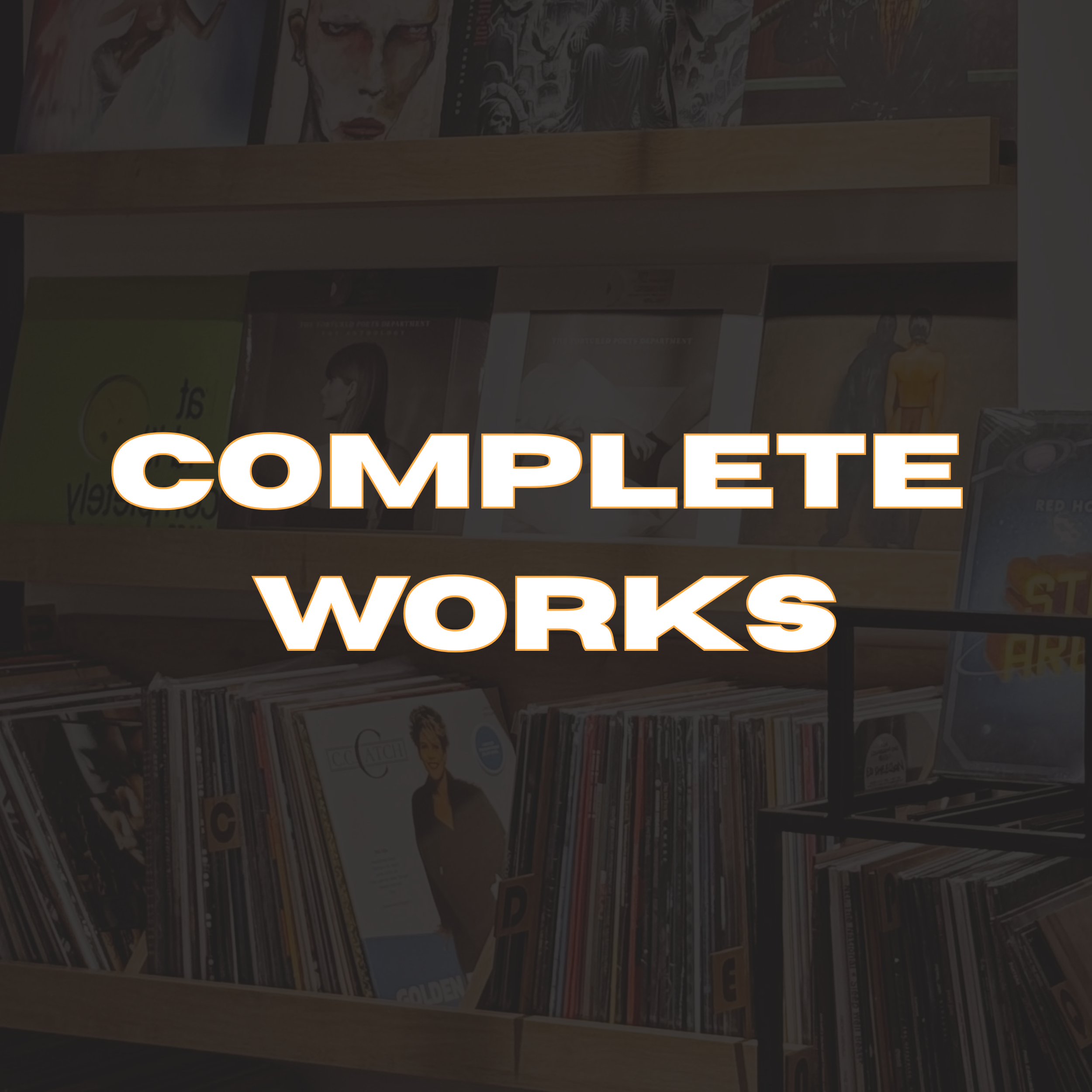 Books and magazines on a display shelf in a store with an overlay text that says "Complete Works."