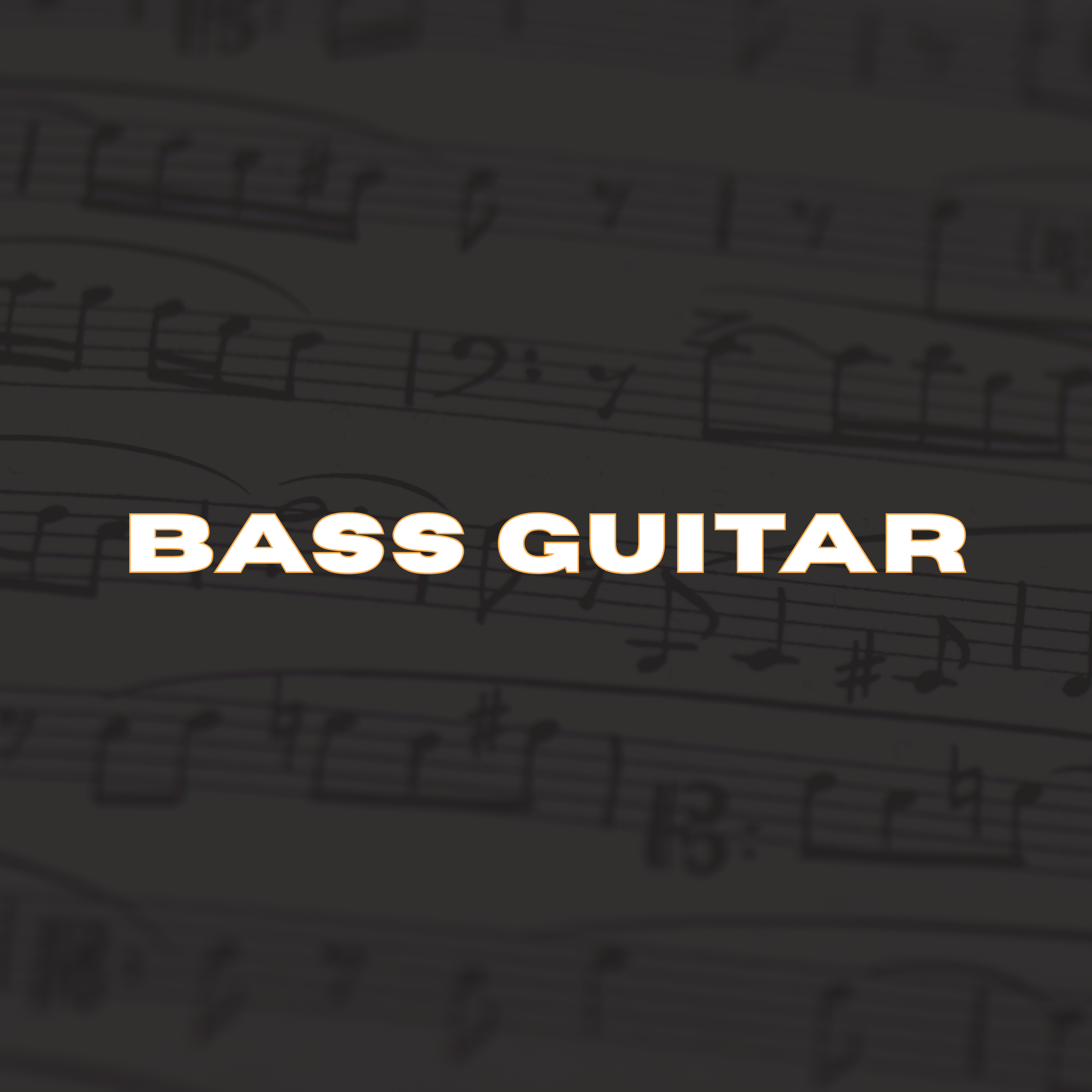 Title screen with sheet music in the background and the words "BASS GUITAR" in bold white letters.