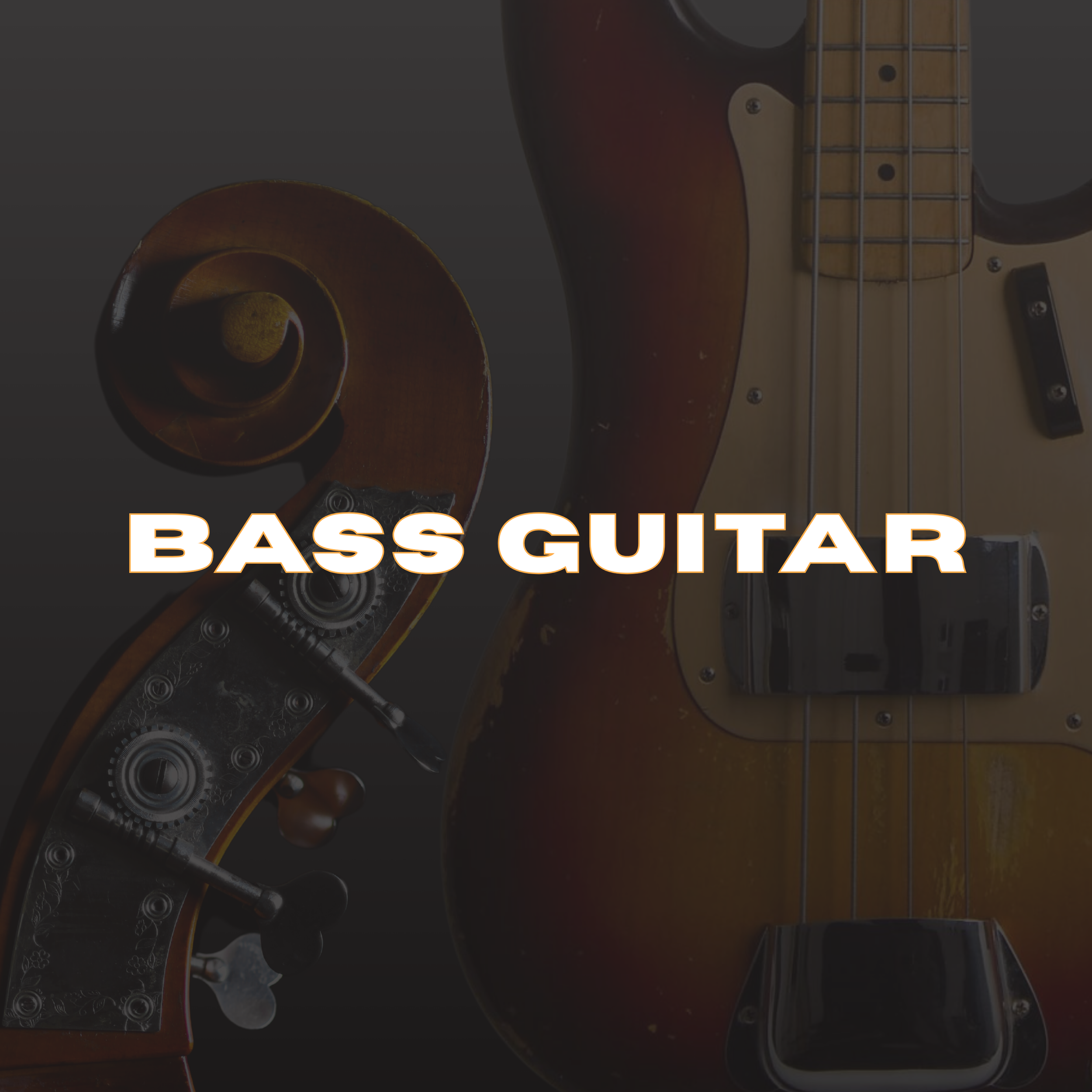 Close-up view of a bass guitar with the words 'BASS GUITAR' overlaid in bold white letters with an orange outline.