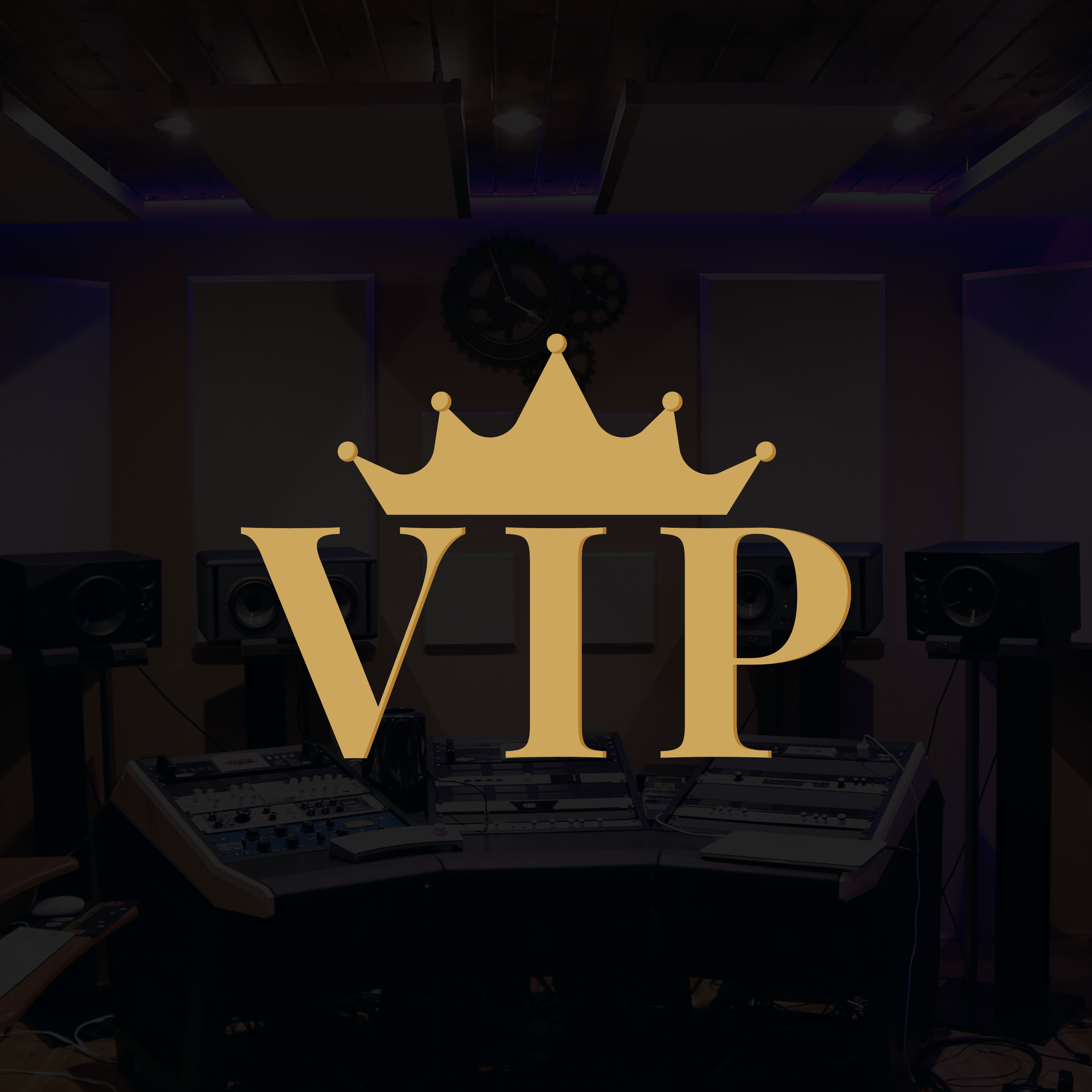 Recording studio with VIP text and crown overlay, featuring audio equipment and speakers.