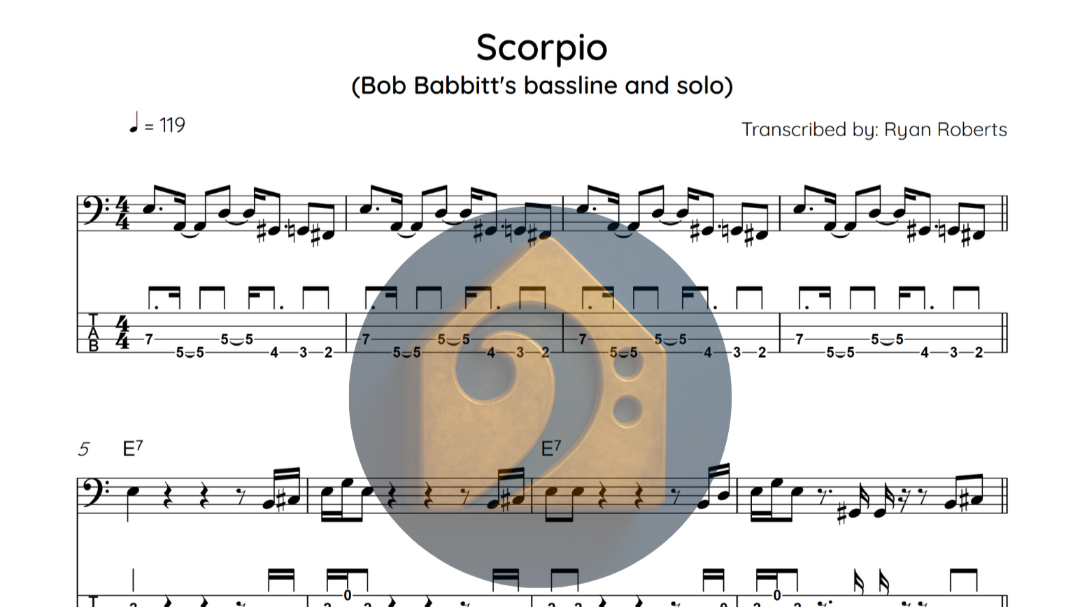 Sheet music titled 'Scorpio (Bob Babbitt's bassline and solo)' with a semi-transparent gray circle in the center featuring a beige cube with holes, resembling a die.