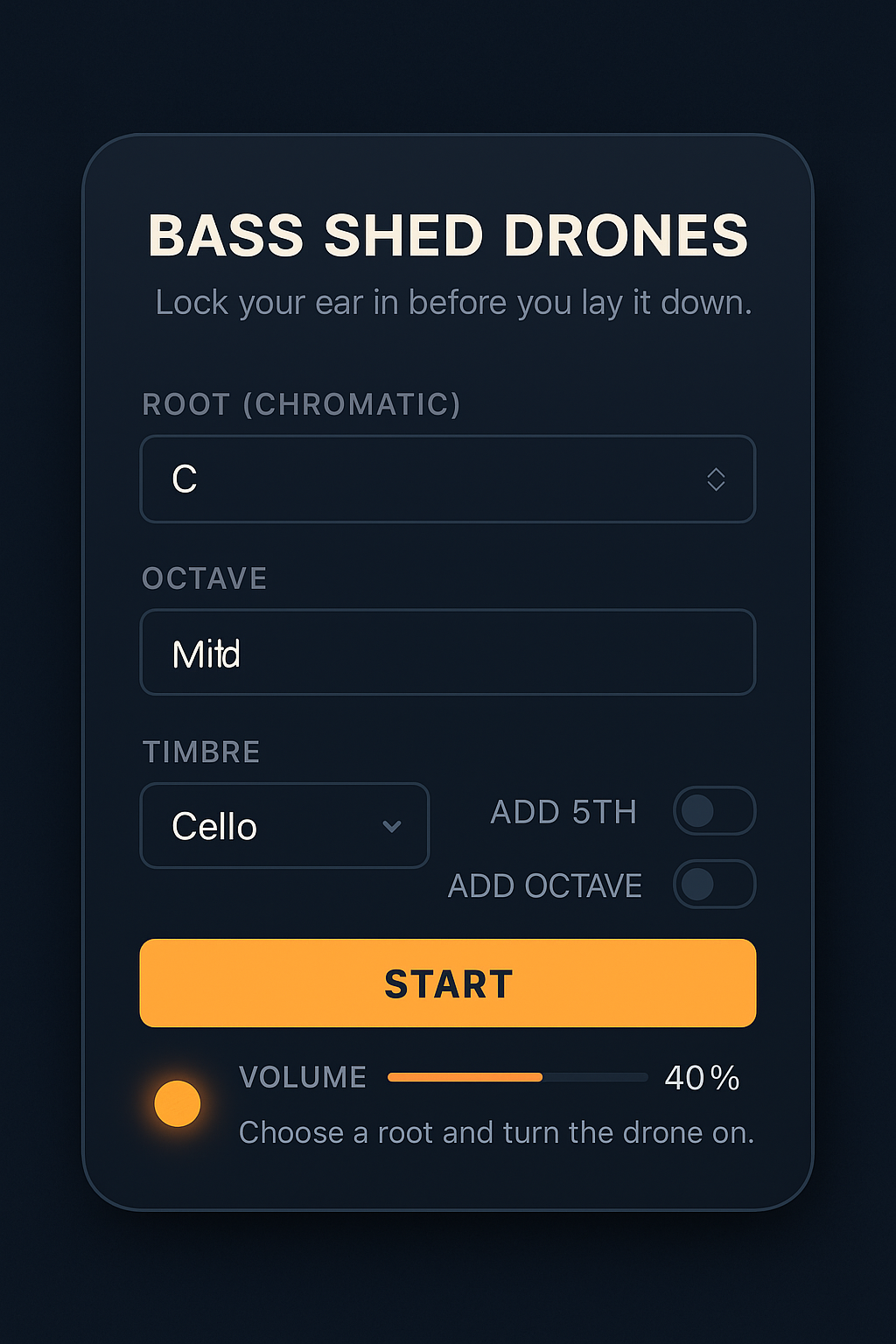 Screenshot of a drone control interface titled 'Bass Shed Drones,' with options for musical root, octave, and timbre, and a start button at 40% volume.