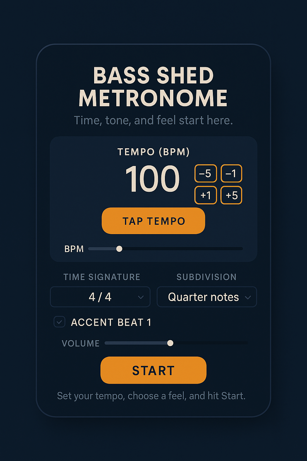 A digital metronome app interface for bass shed practicing, showing a tempo of 100 BPM, with options to decrease or increase the tempo, set time signature to 4/4, subdivision to quarter notes, select accent beat, adjust volume, and start the metronome.