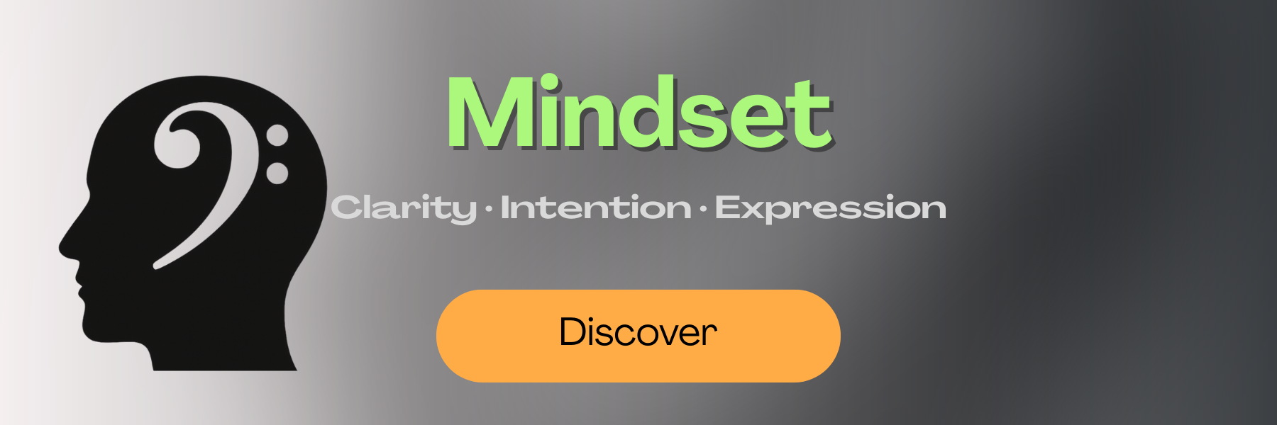 Graphic promoting mindset with a silhouette of a human head with a question mark inside, the word 'Mindset' in large green letters, and the words 'Clarity · Intention · Expression' below; an orange button labeled 'Discover'.