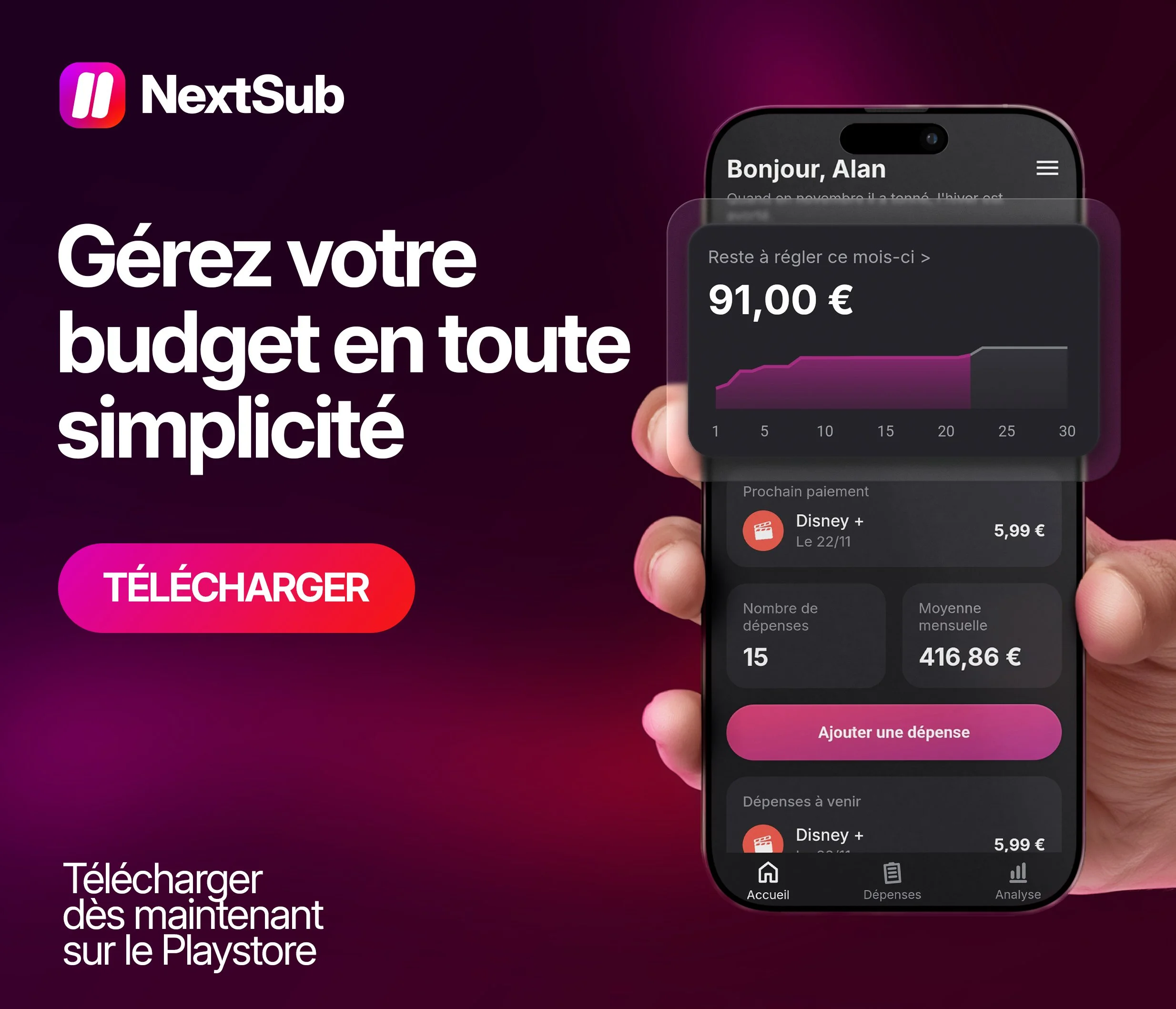 Page d'accueil d'une application NextSub avec une interface de gestion de budget sur un téléphone, incluant un graphique, des dépenses, et un bouton pour télécharger.