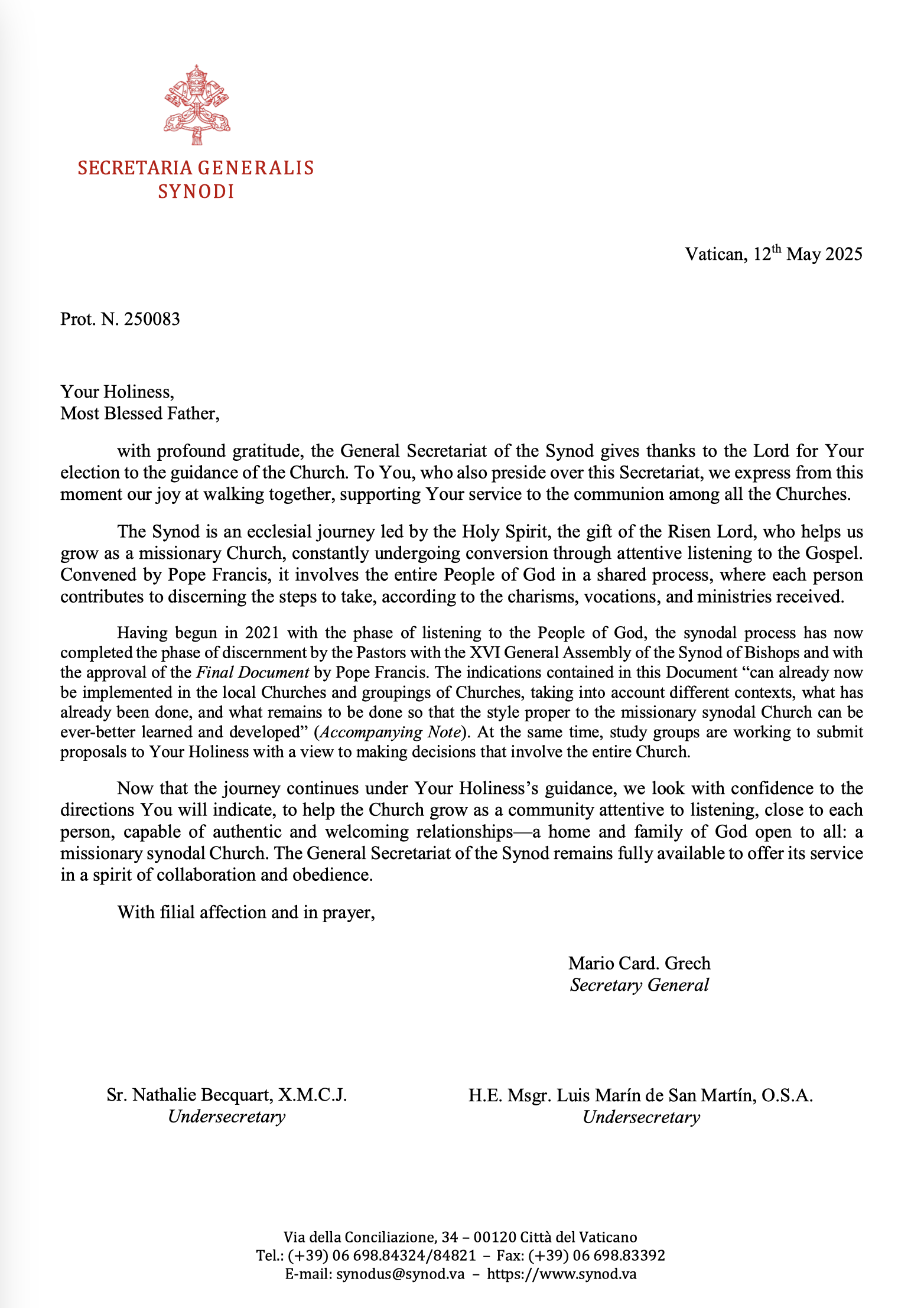 The General Secretariat of the Synod writes to Pope Leo XIV — School ...