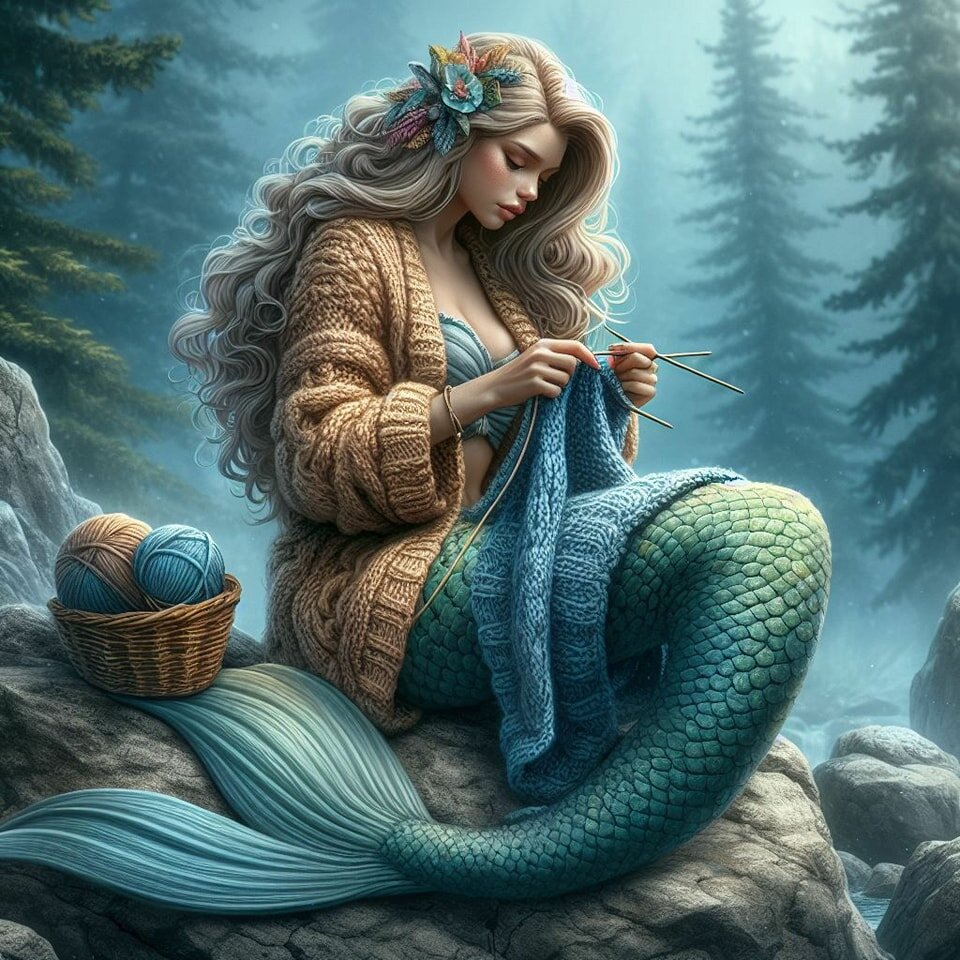 Look what my husband made for me. Isn't she stunning? I'm smitten. 
. 
Also, AI is getting better with knitting needles all the time. I'm pretty sure this is my new Yarn Mermaid avatar. And I want her sweater. 😍
. 
What would your fantastical crafti