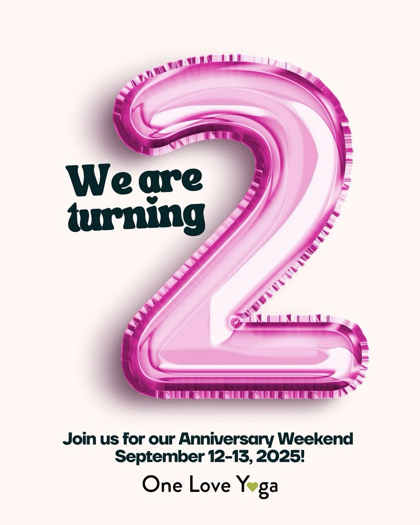 Two Years – One Love โจ
We’re so excited to celebrate our second anniversary with this amazing community! Join us for special classes, gatherings, and exclusive deals all weekend long.
๐
 Friday, Sept 12: Glow with One Love
5:45–6: