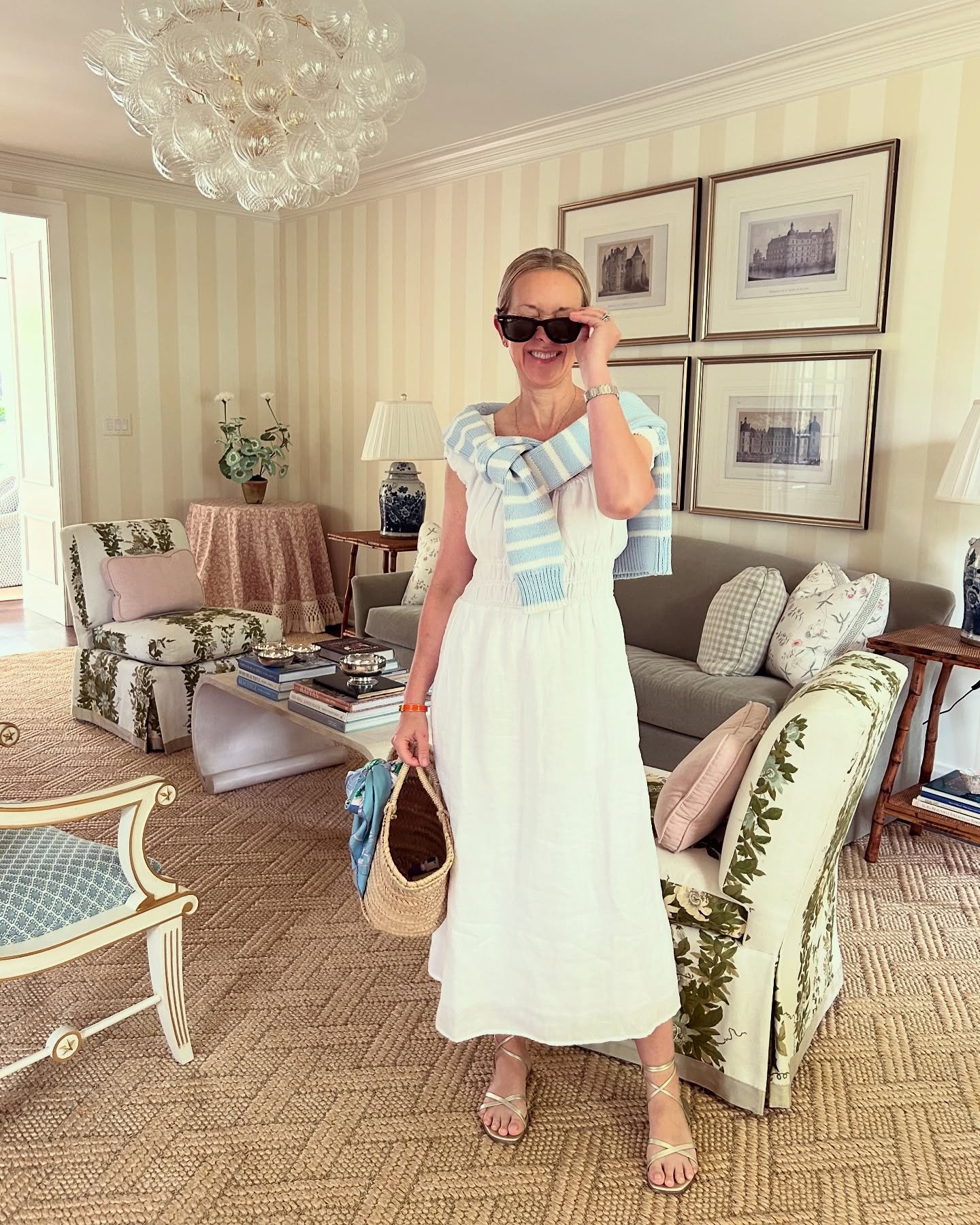 Shameless outfit repeater reporting for duty 👯&zwj;♀️ 
.
.
.
Dress: @jcrew 
Sweater: @tuttoknit 
Sandals: @margauxny 
Sunnies: @rayban 
Necklaces: @dorseyofficial and @aureliademark 
Scarf: @hermes 
Bag: Italian basket bag