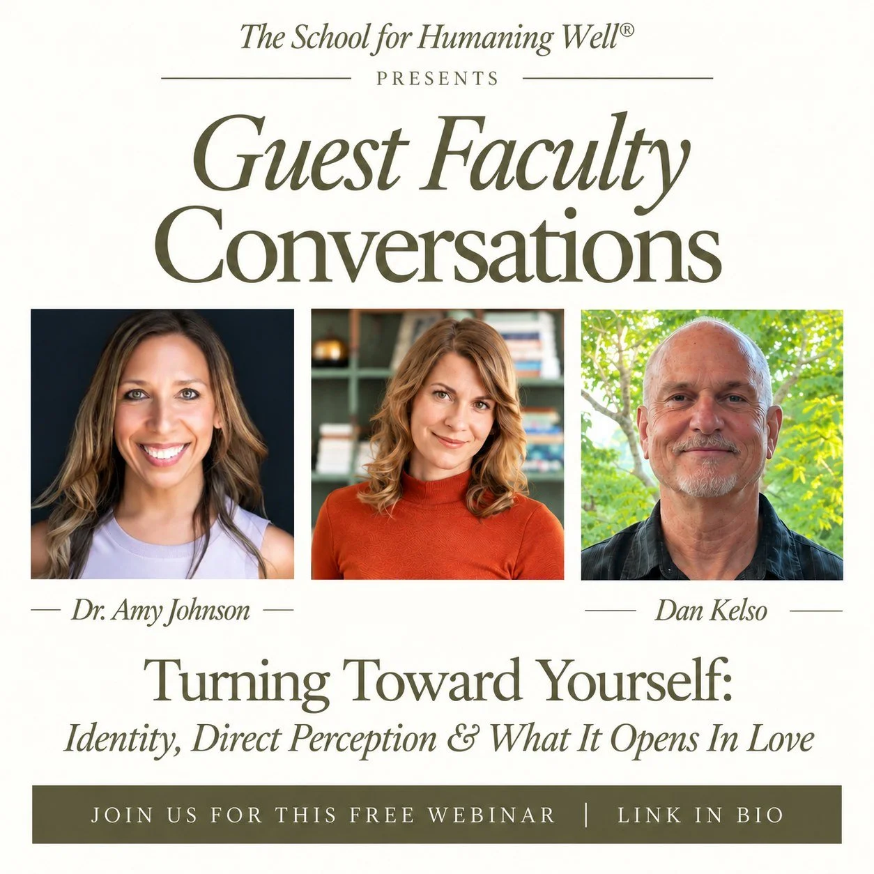 Join me for a free live conversation with @dr.amy.johnson &amp; Dan Kelso. 

Amy was part of our guest faculty for The School for Humaning Well&reg; last year, and I met Dan at a silent retreat that turned out to be one of the most significant experi