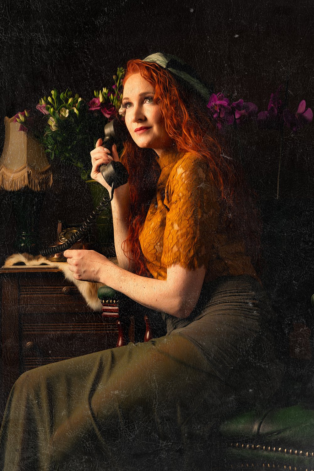 woman holding copper phone in vintage setting