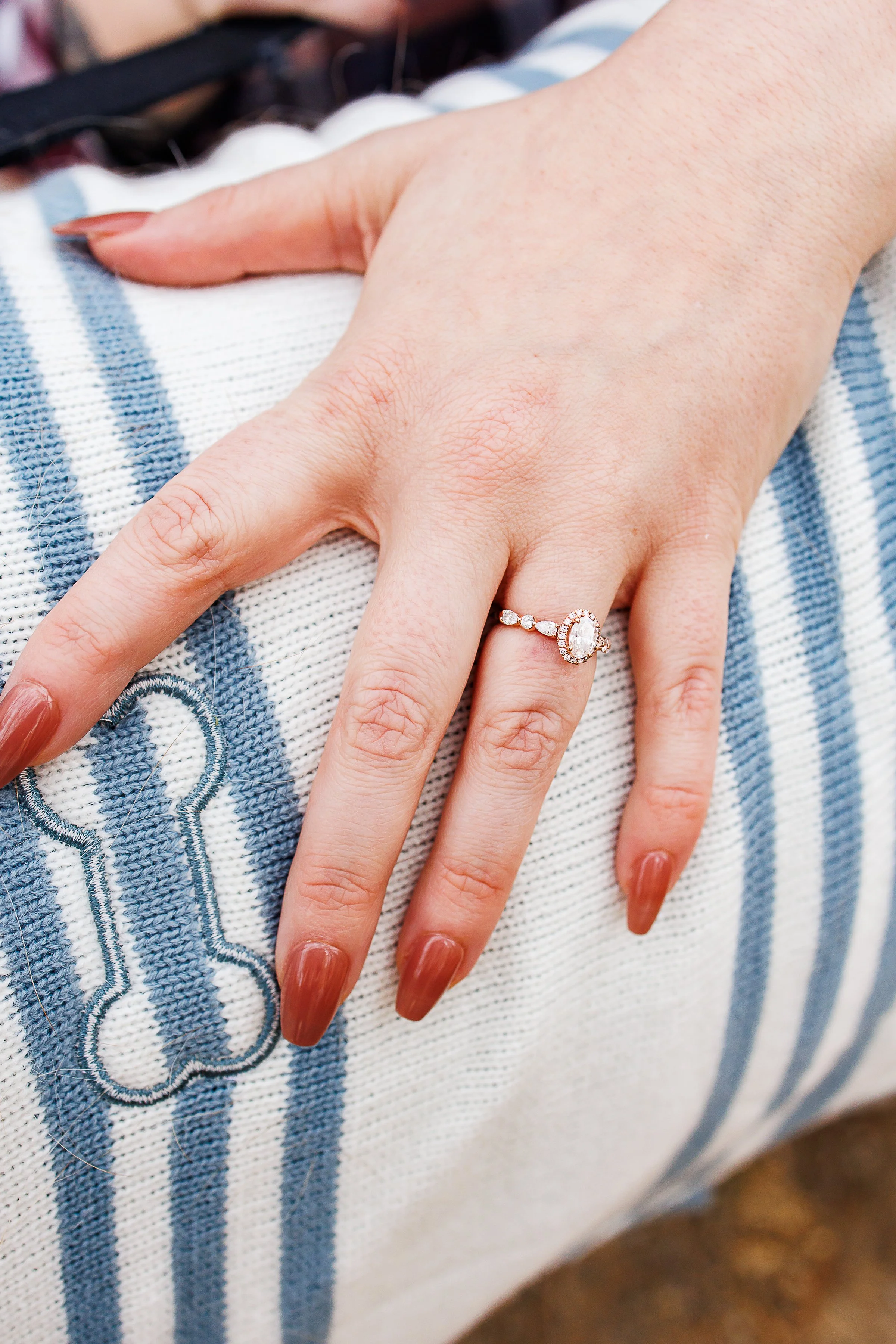 Close-up of a hand with an oval diamond ring resting on a striped fabric pillow embroidered with a dog bone design.